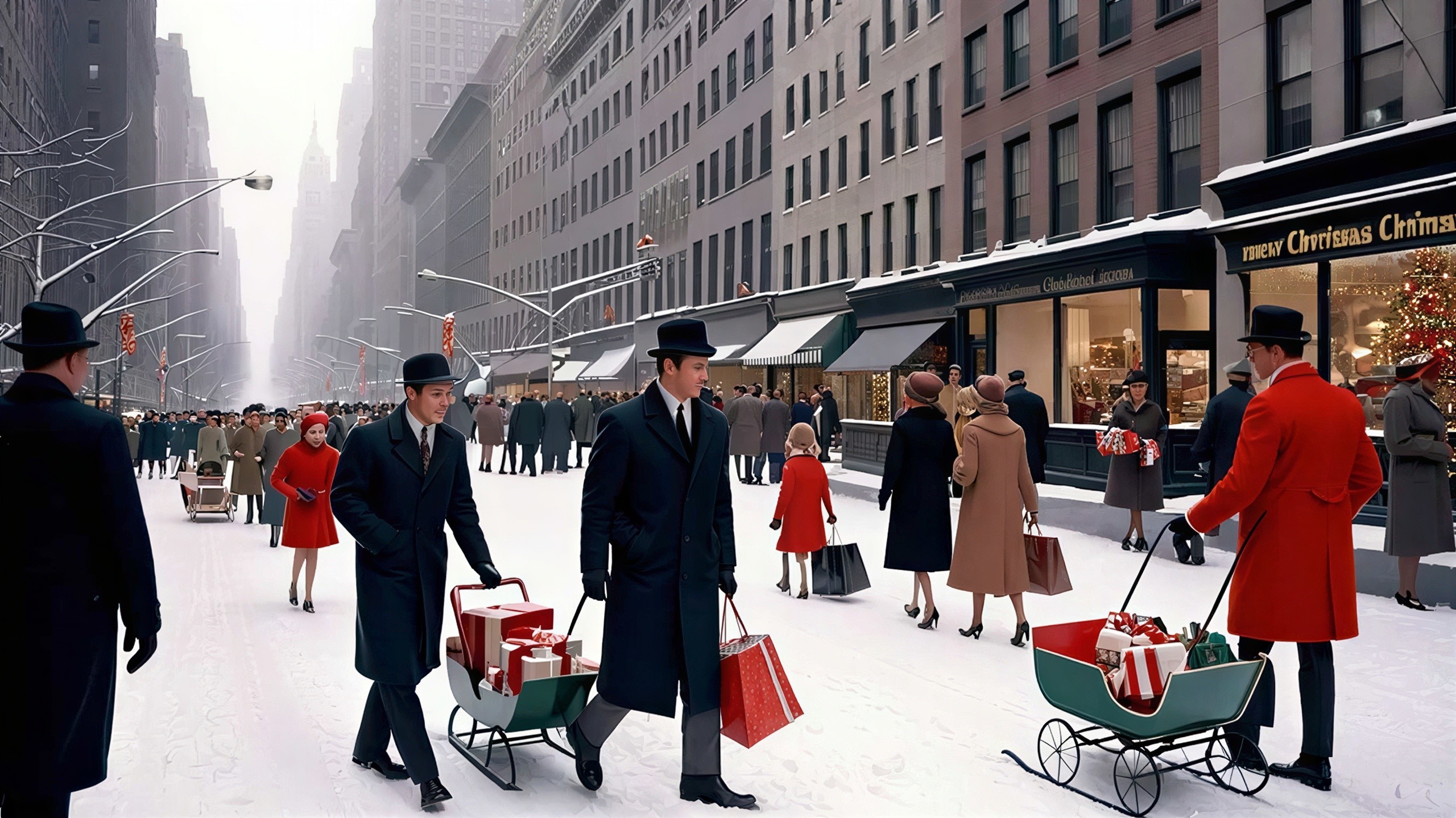 Snowy City Street with Vintage Architecture and Pedestrians