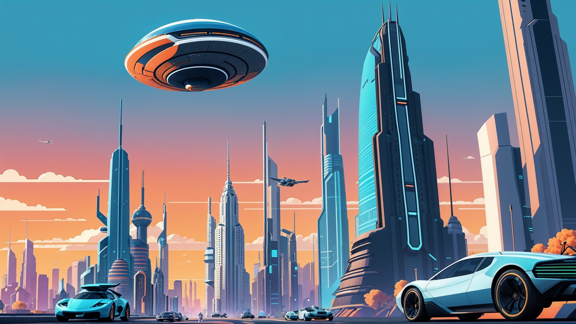 Futuristic cityscape with skyscrapers and UFOs