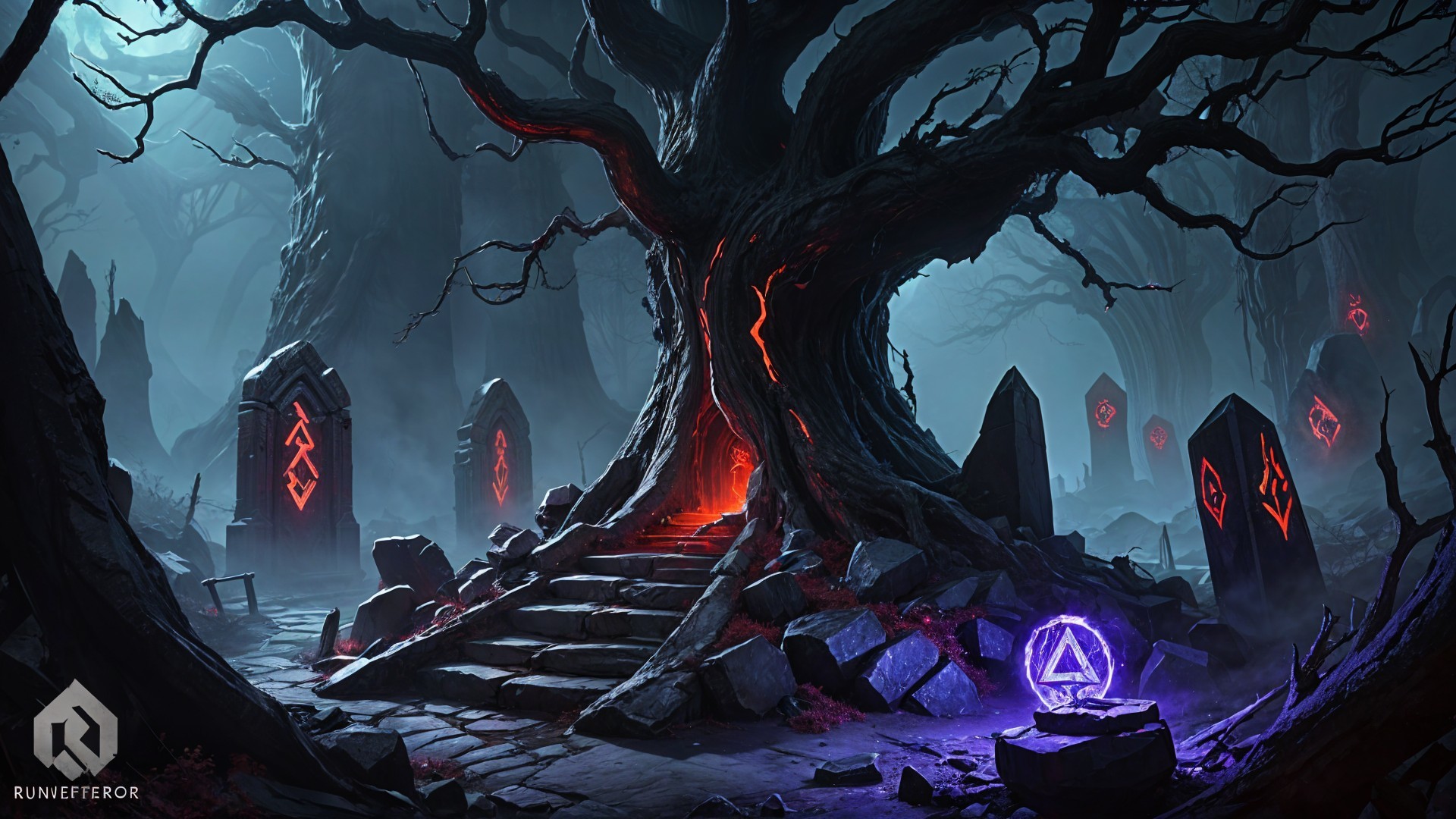 Ancient Tree with Glowing Runes in Mystical Forest