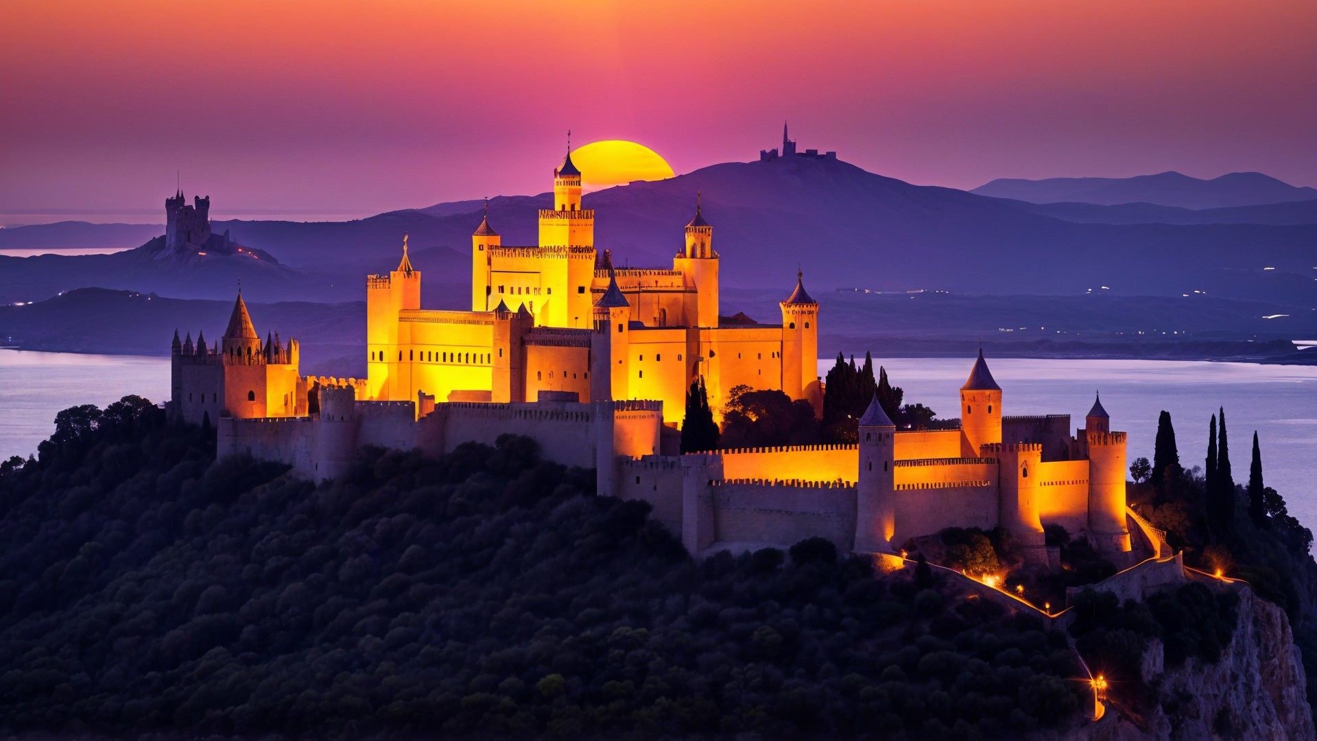 Majestic castle on a hill at sunset with vibrant sky