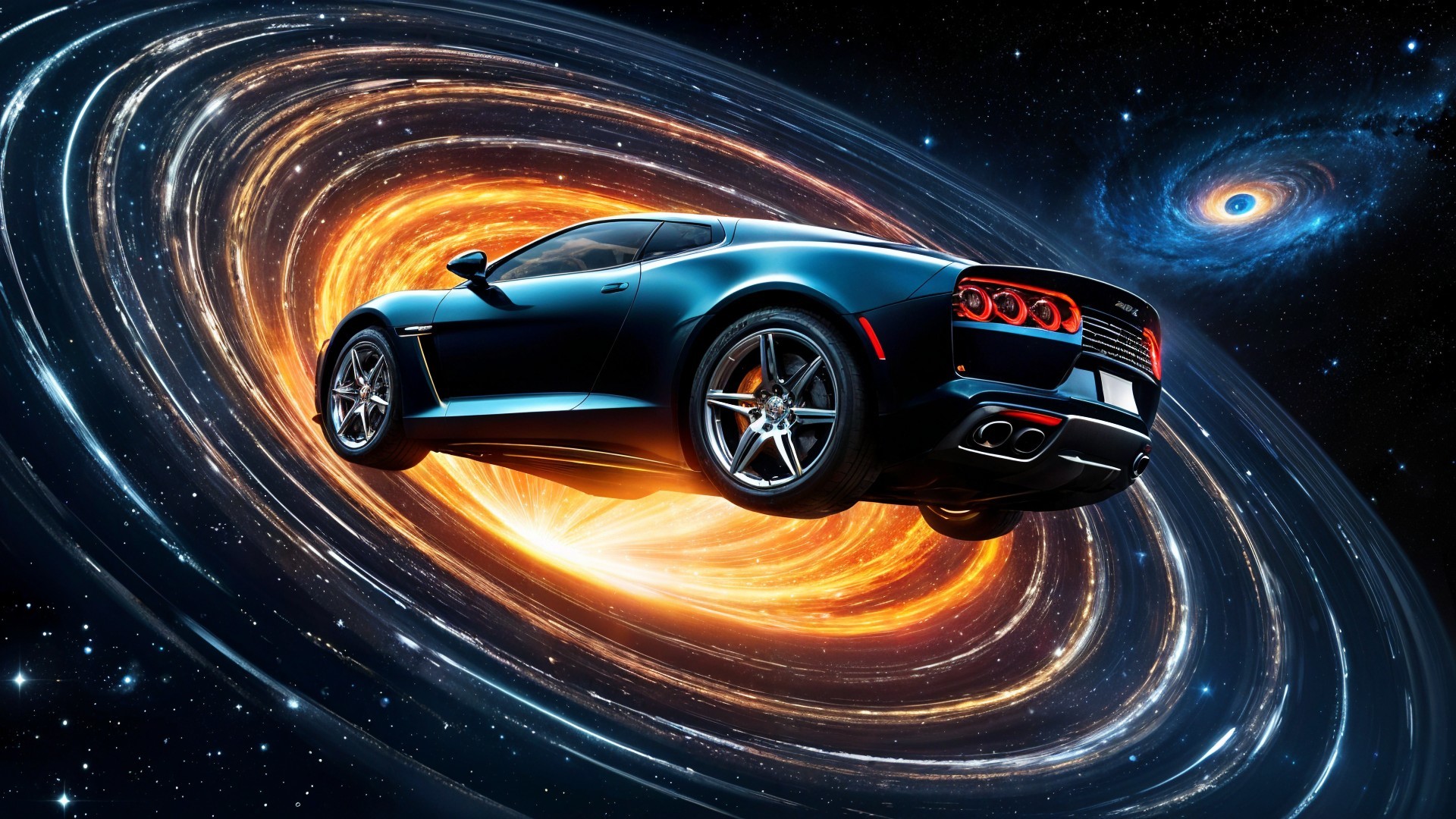Black Sports Car in Cosmic Galaxy Setting