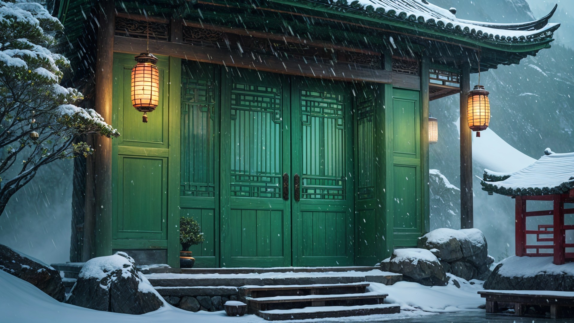 Traditional Asian Building in Serene Snowy Setting