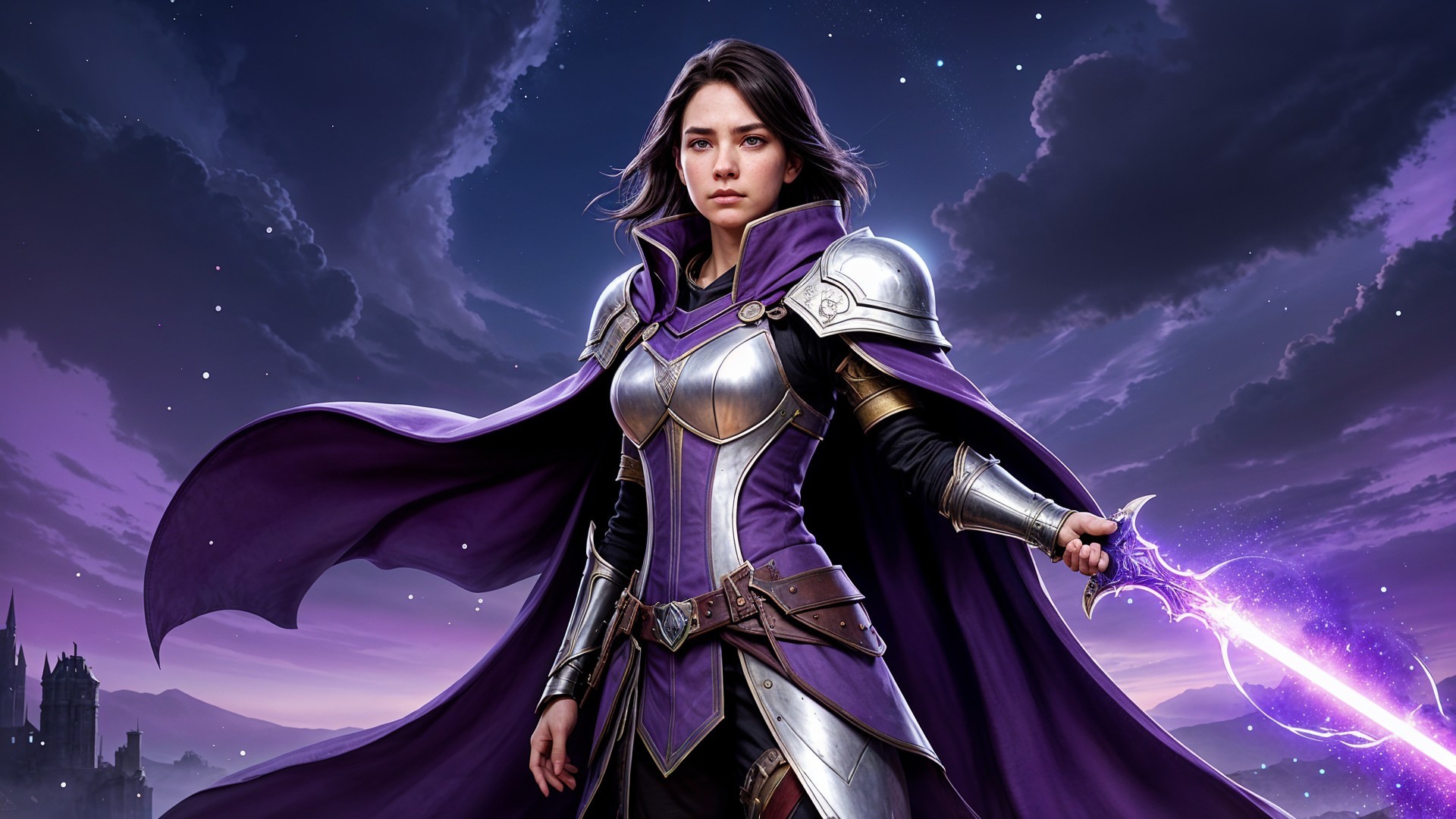 Fierce Warrior in Silver Armor Against Dramatic Sky