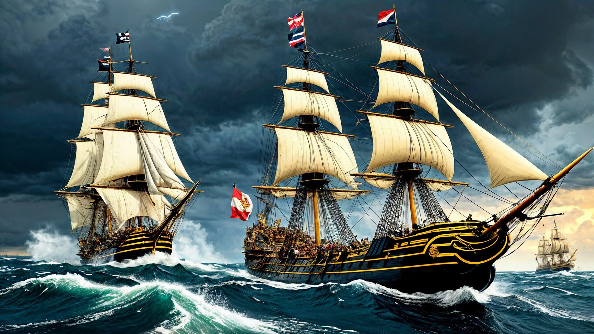 Grand Sailing Ships Battling Stormy Seas and Waves