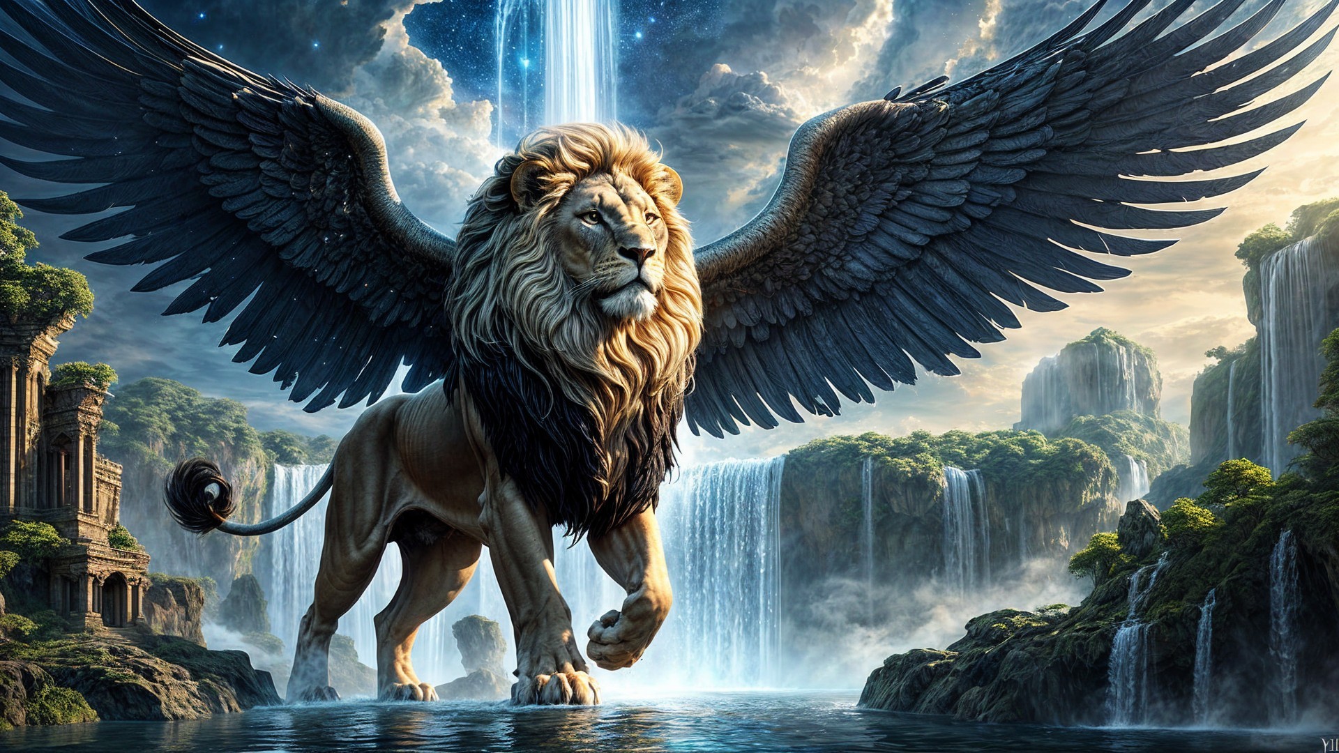 Majestic Winged Lion in a Mystical Landscape