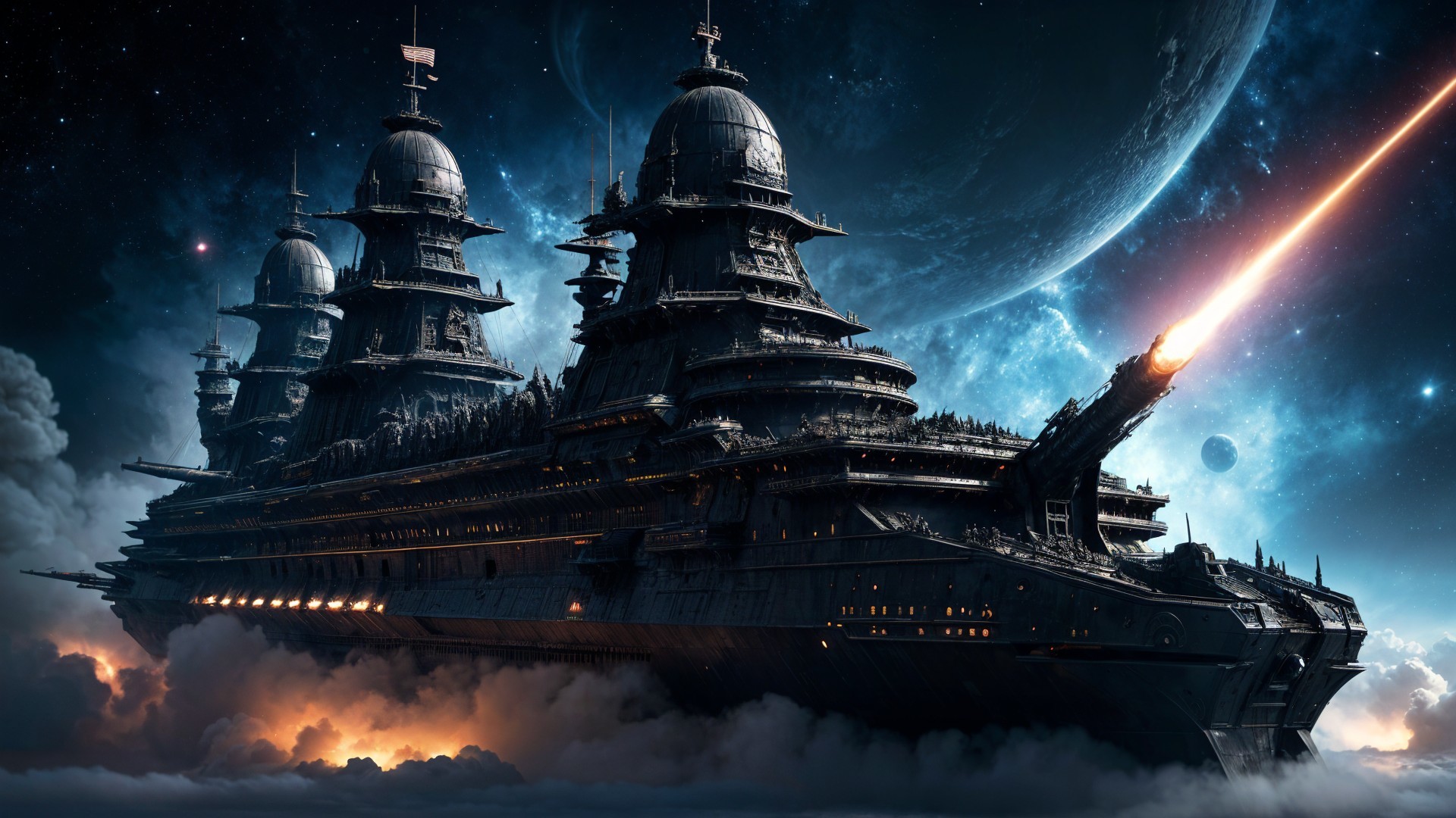 Intricately Designed Battleship in Cosmic Space Scene