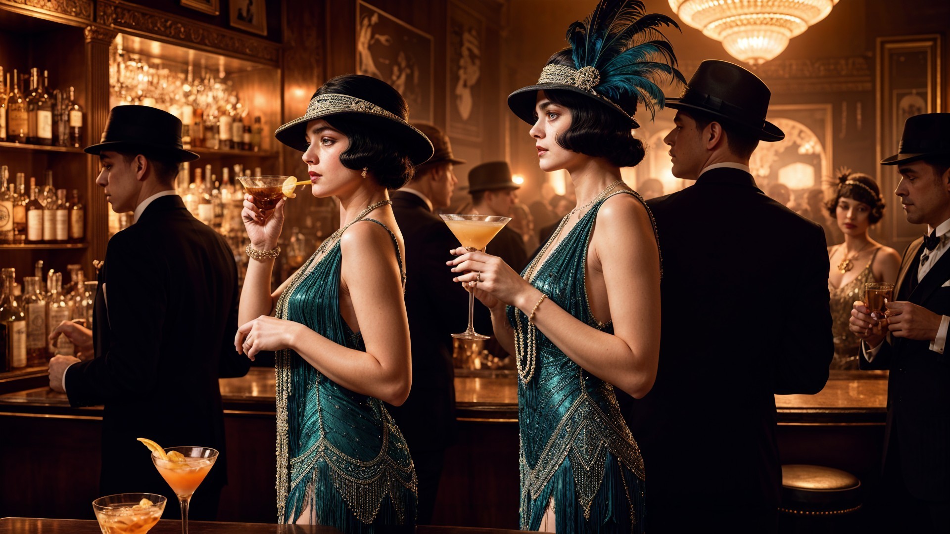1920s Speakeasy Scene with Flapper Fashion and Cocktails
