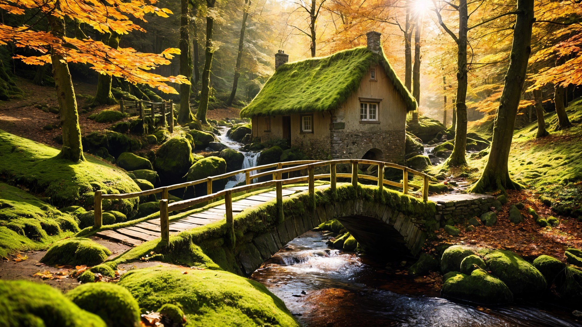 Moss-Covered Cottage in Autumn Forest Setting