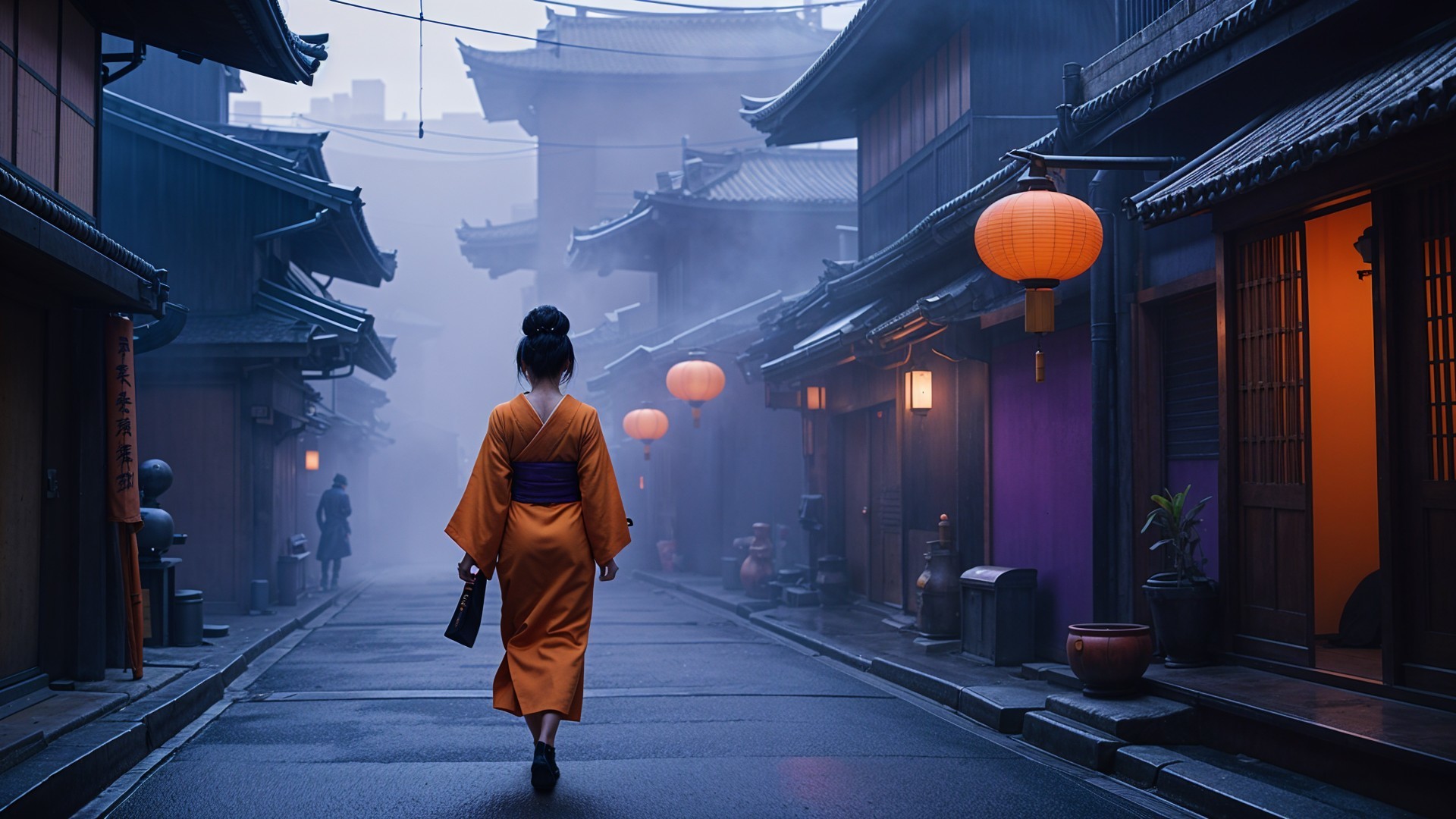 Twilight Scene of Woman in Orange Kimono in Japan