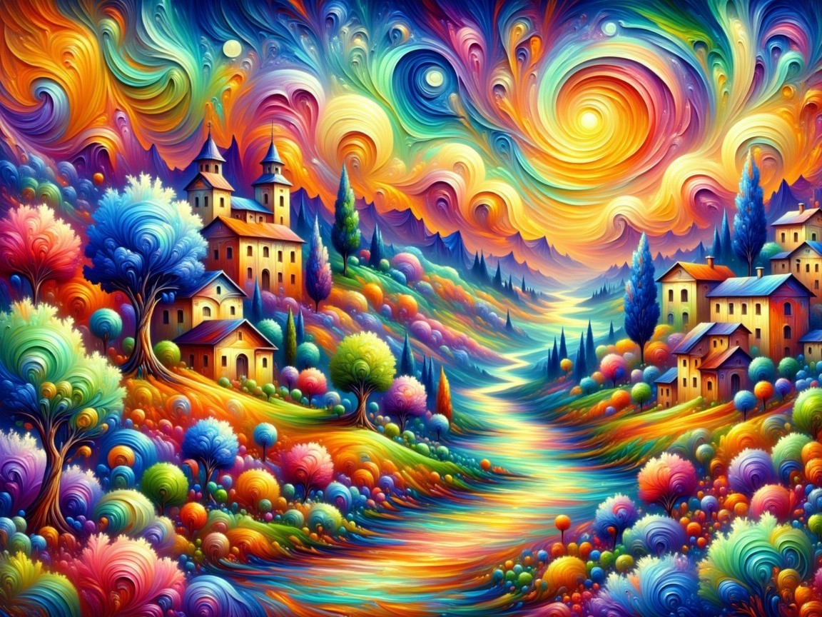 Vibrant Landscape with Colorful Hills and Whimsical Homes