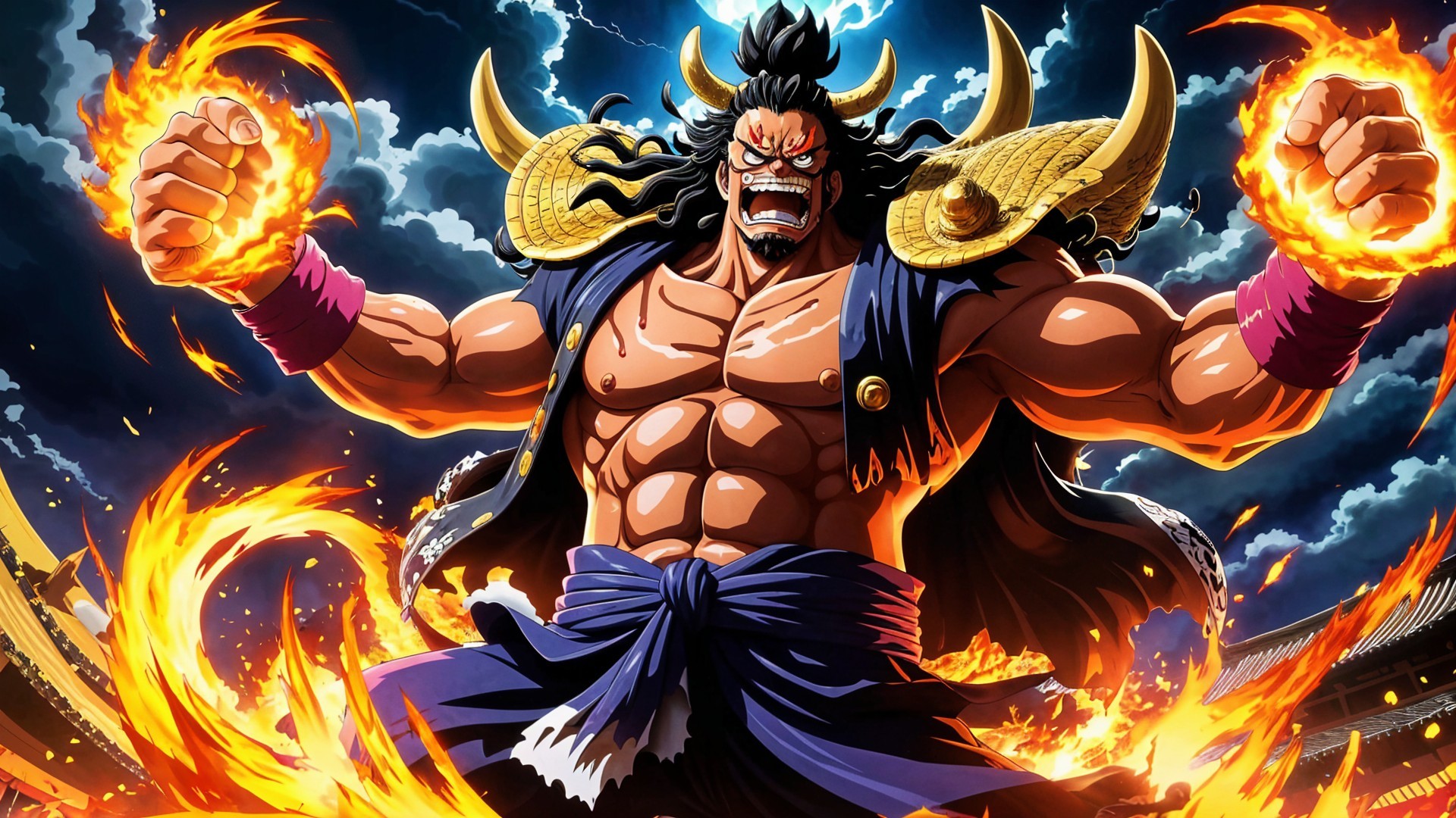 Warrior in Armor with Fiery Energy and Dark Clouds