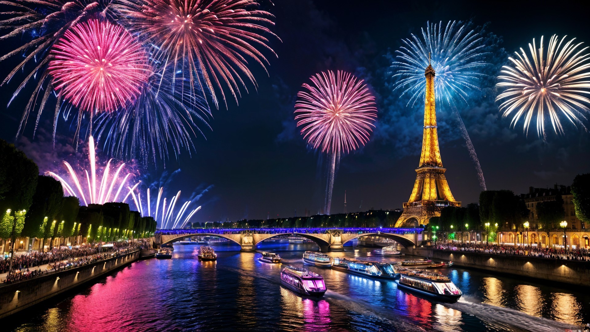 Night Scene of Eiffel Tower with Fireworks in Paris
