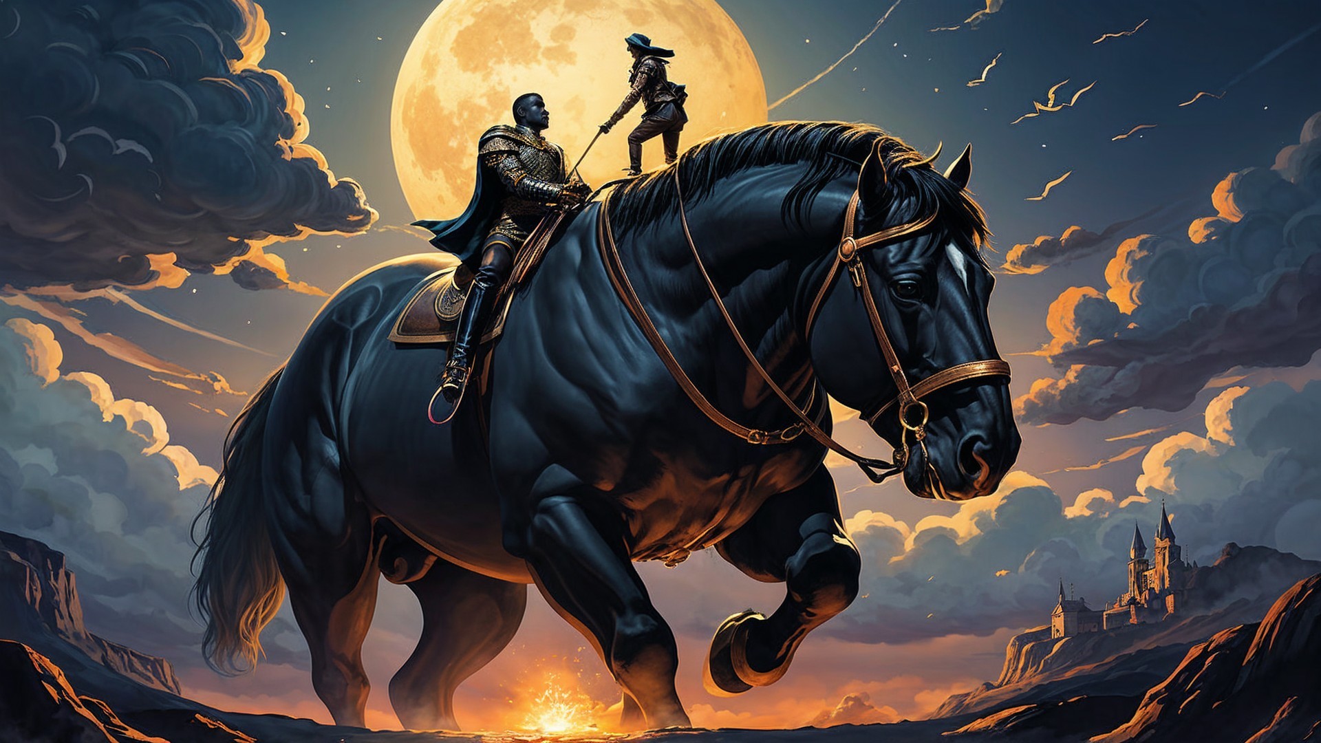 Heroic Figure in Dark Armor on Black Horse Under Moon
