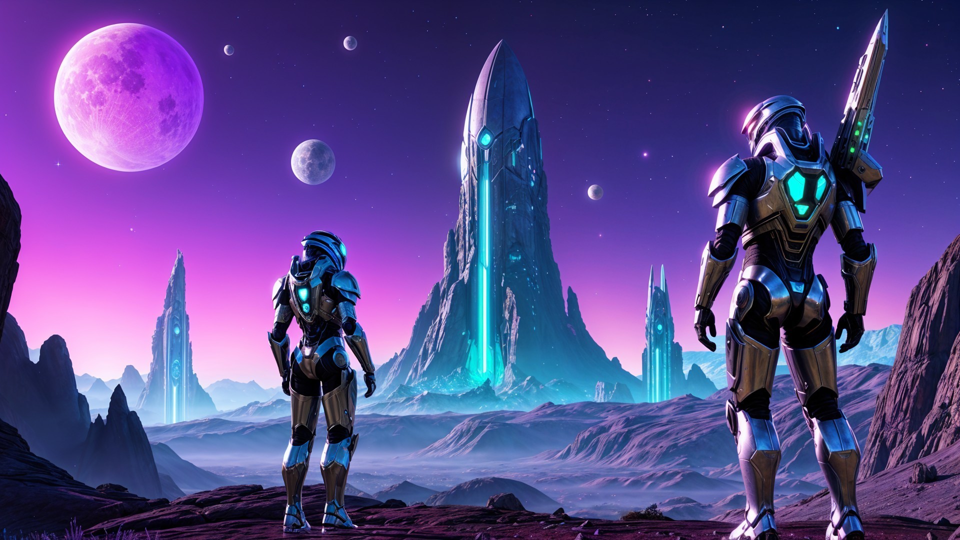 Futuristic figures on rocky terrain with glowing structure