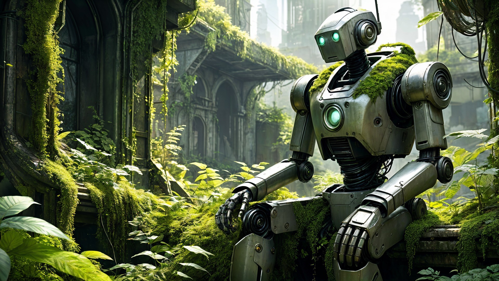 Futuristic robot in a lush, overgrown landscape