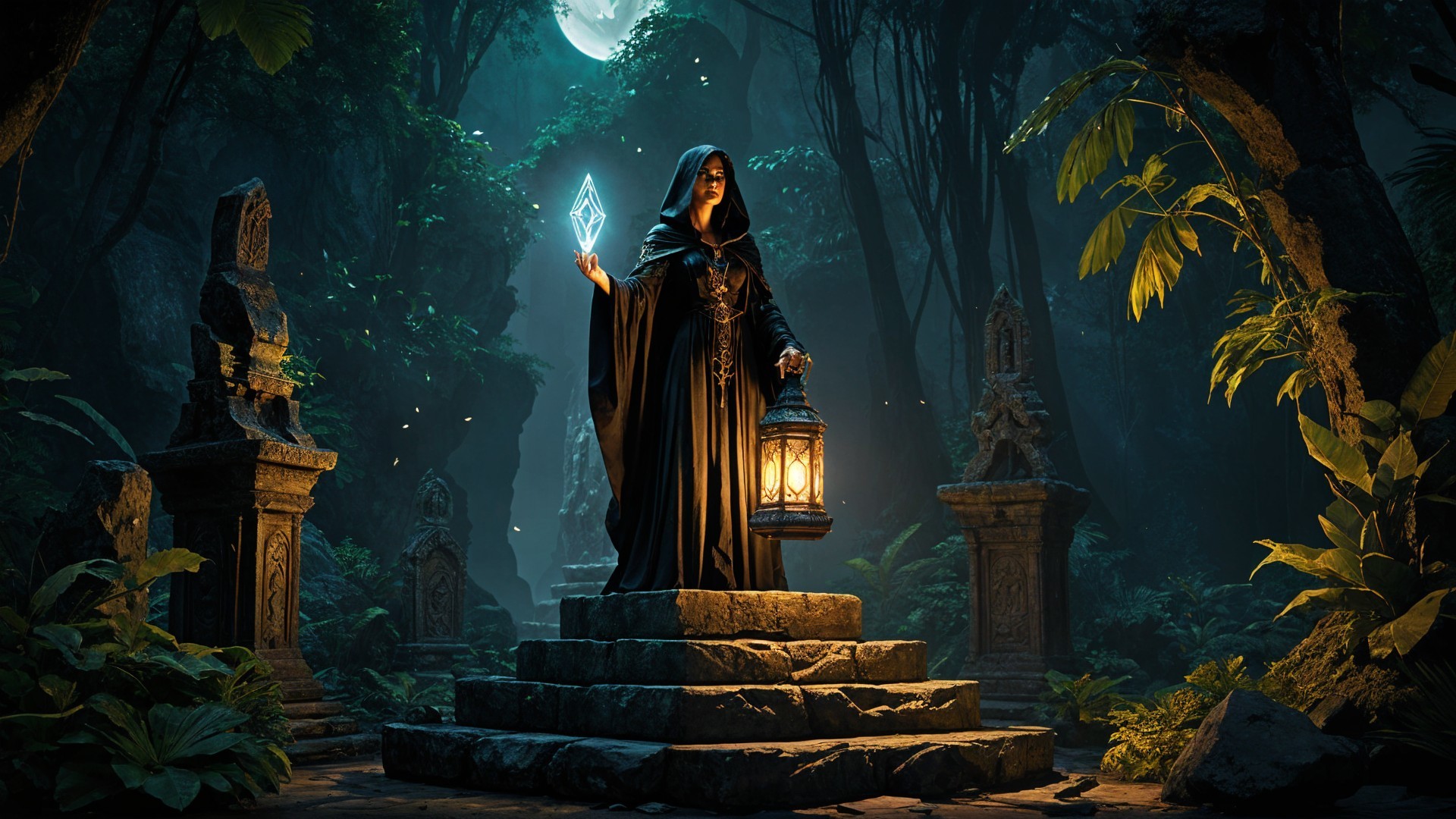 Cloaked Figure with Crystal in Mystical Jungle Scene