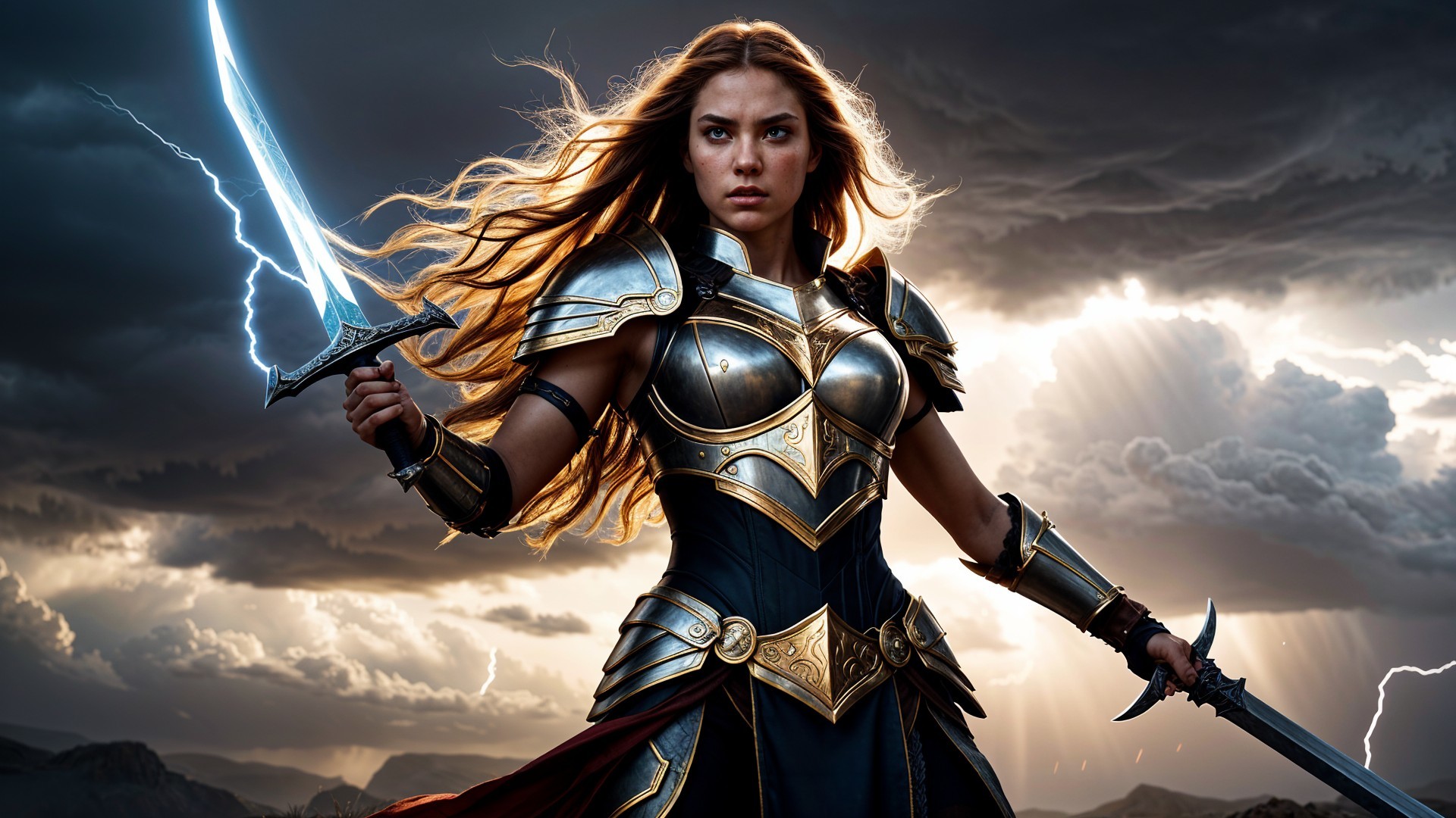 Fierce warrior in ornate armor with stormy backdrop