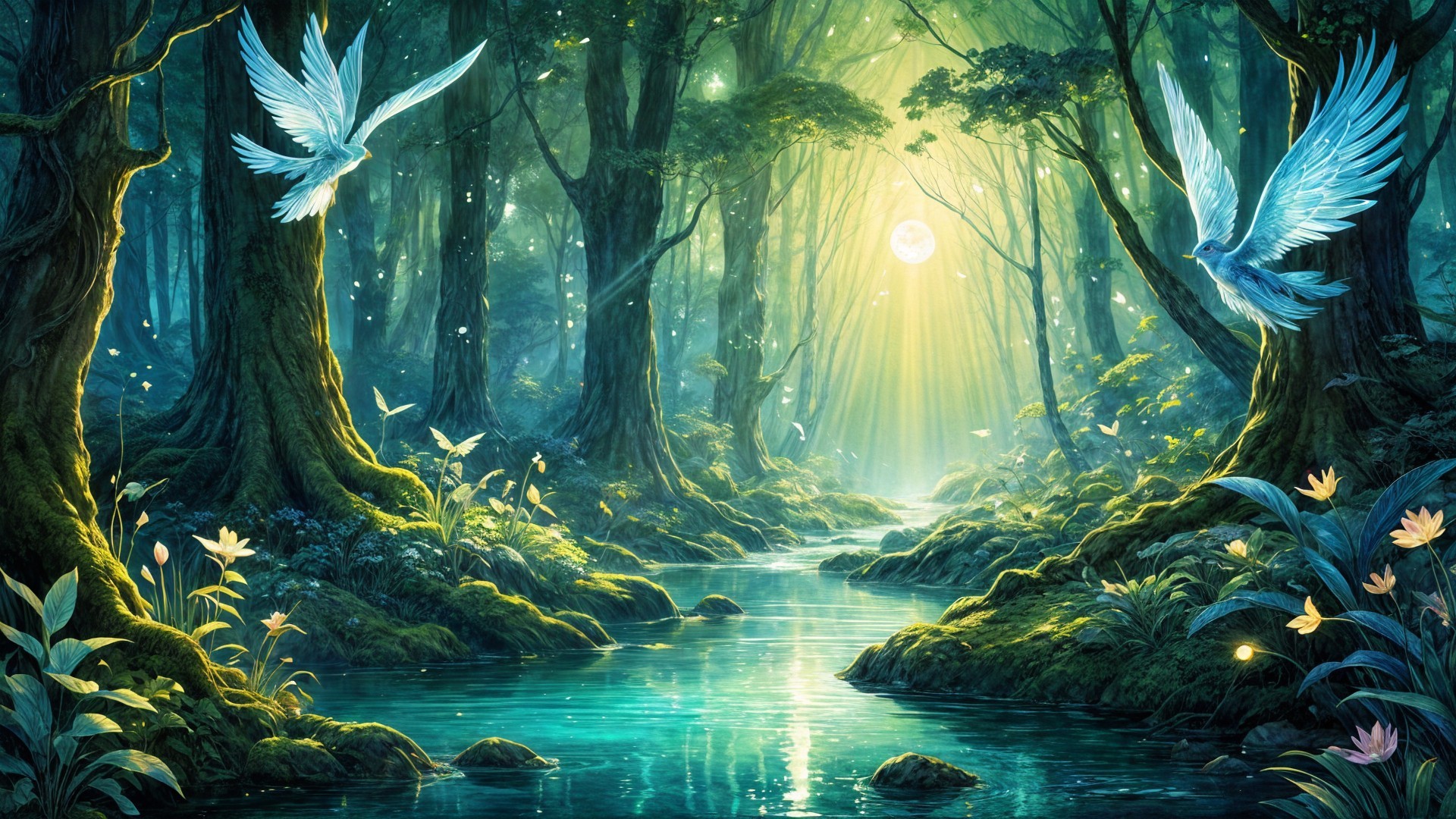 Magical forest scene with ancient trees and stream