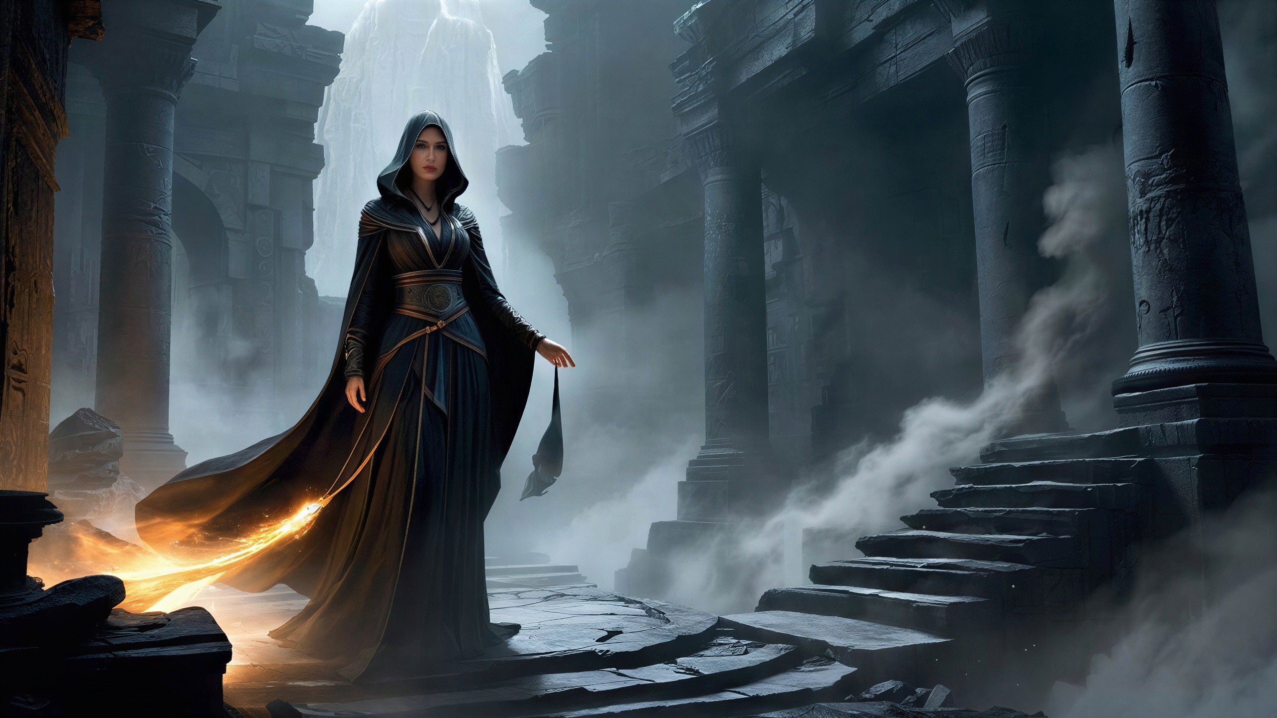 Young sorceress in ruins with golden light and fog