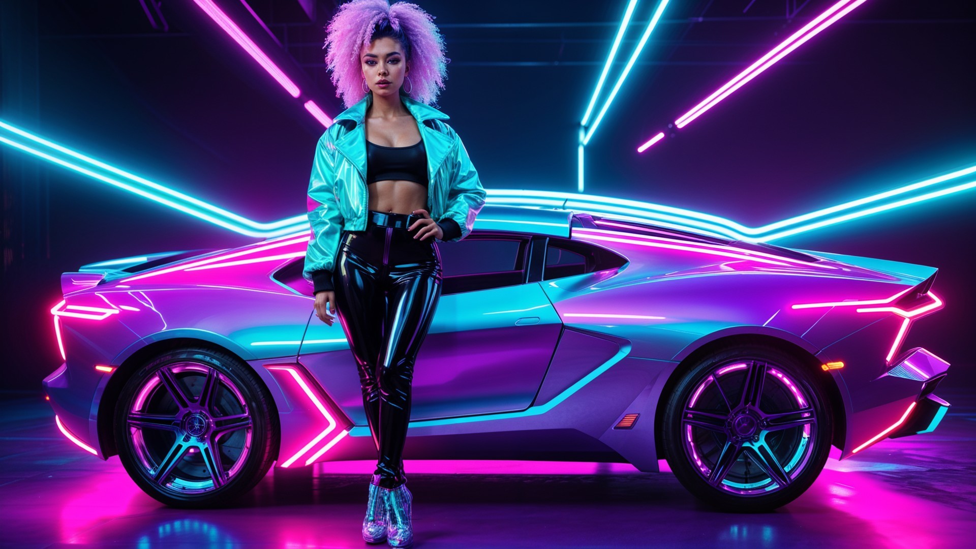 Young Woman with Futuristic Car in Neon Lights