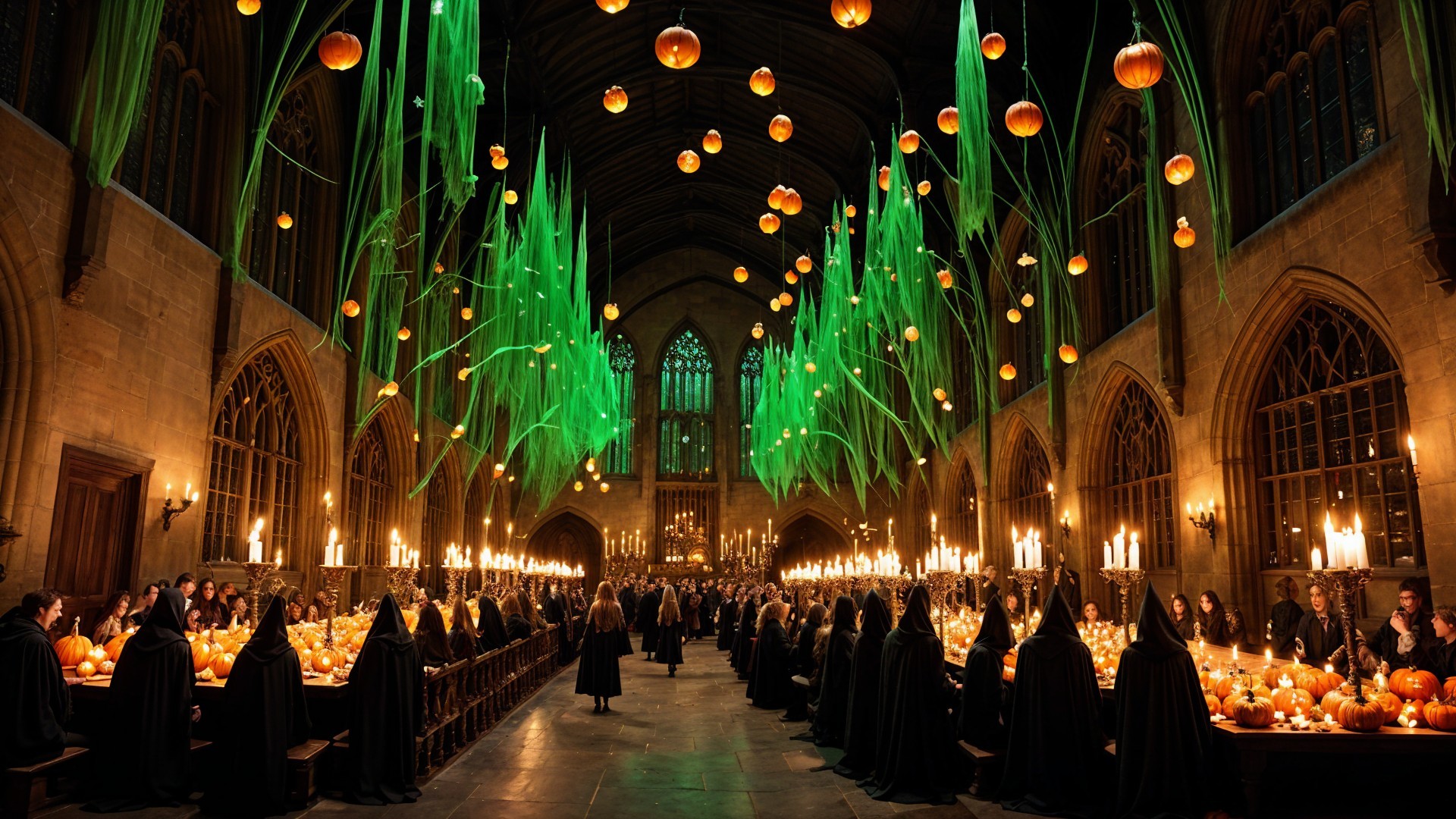Grand hall with floating tendrils and glowing pumpkins