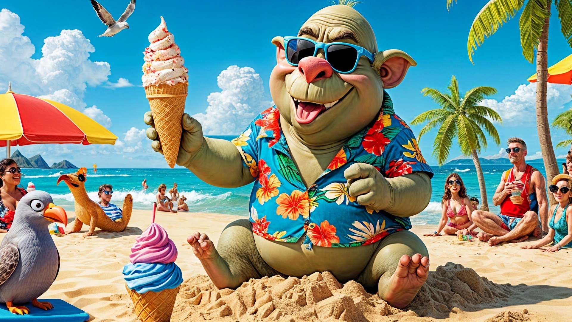 Cartoon Creature Enjoying a Day at the Beach