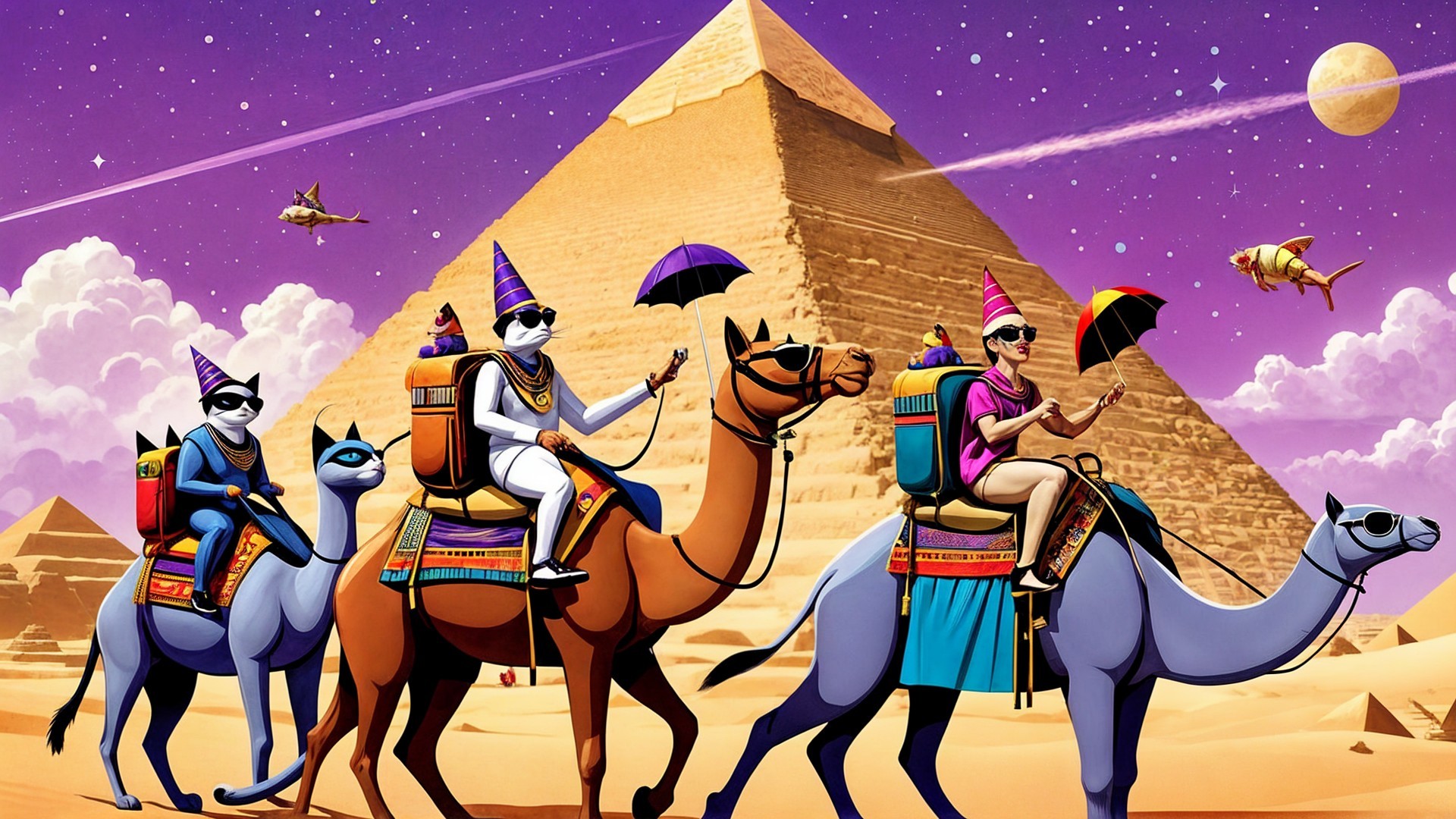 Anthropomorphic Animals Riding Camels in Desert Scene