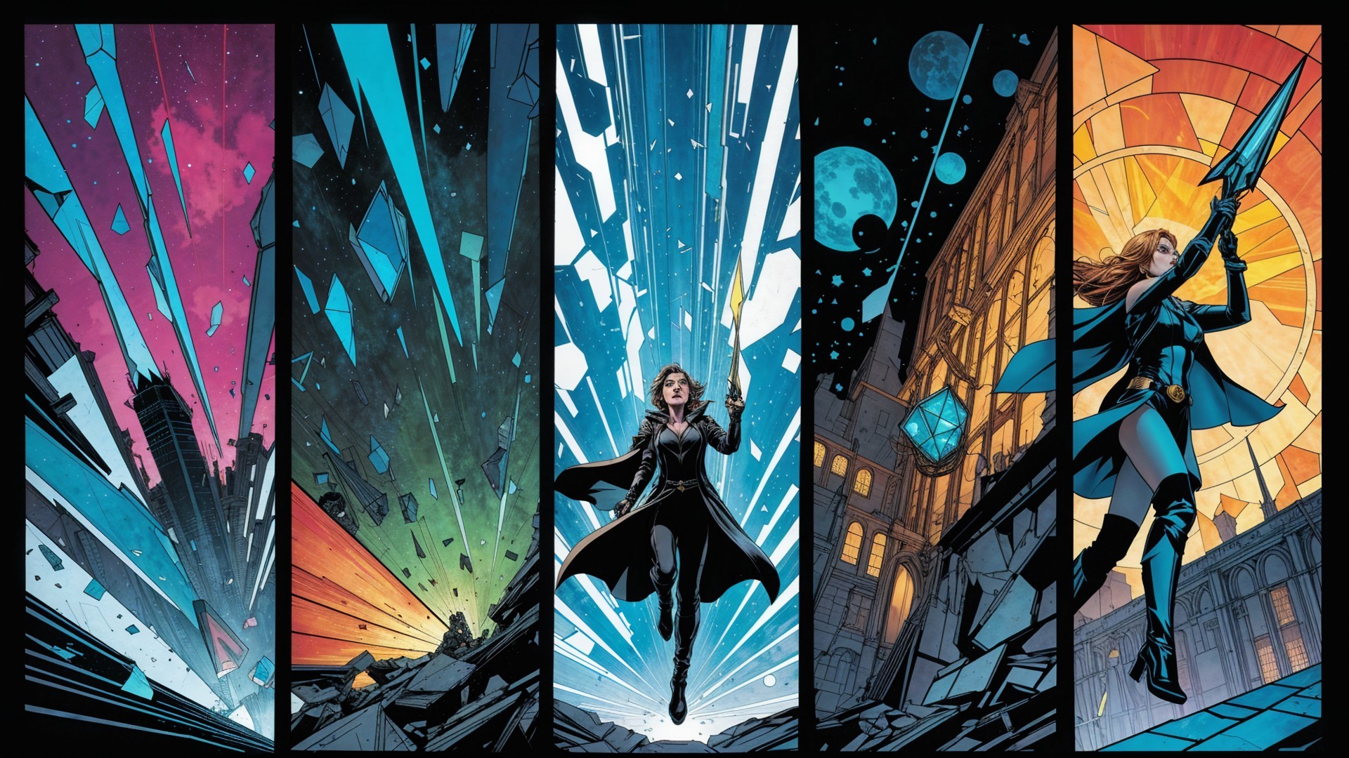 Comic-Style Illustration of Cosmic Landscapes and Figures