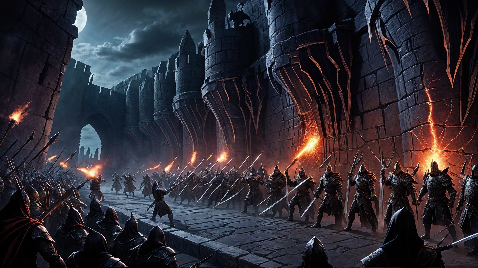 Ominous Fortress with Armored Soldiers and Cloaked Figures
