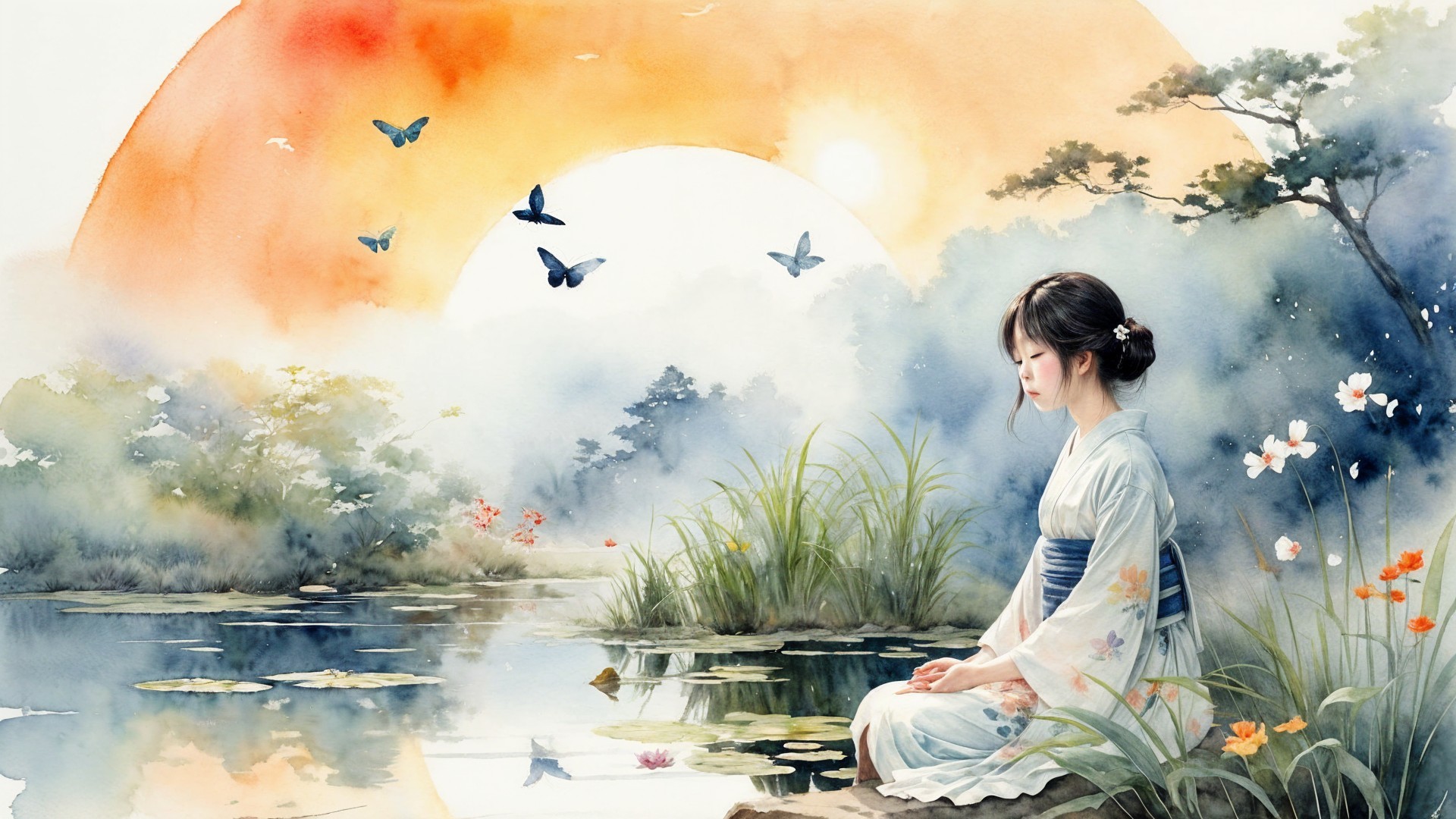 Watercolor of Woman in Kimono by Tranquil Pond