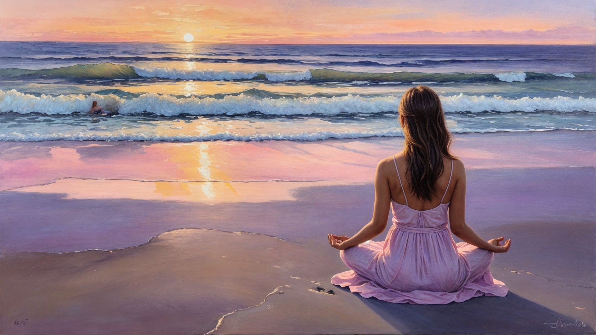 Serene Beach Sunset with Meditative Woman in Pink Dress