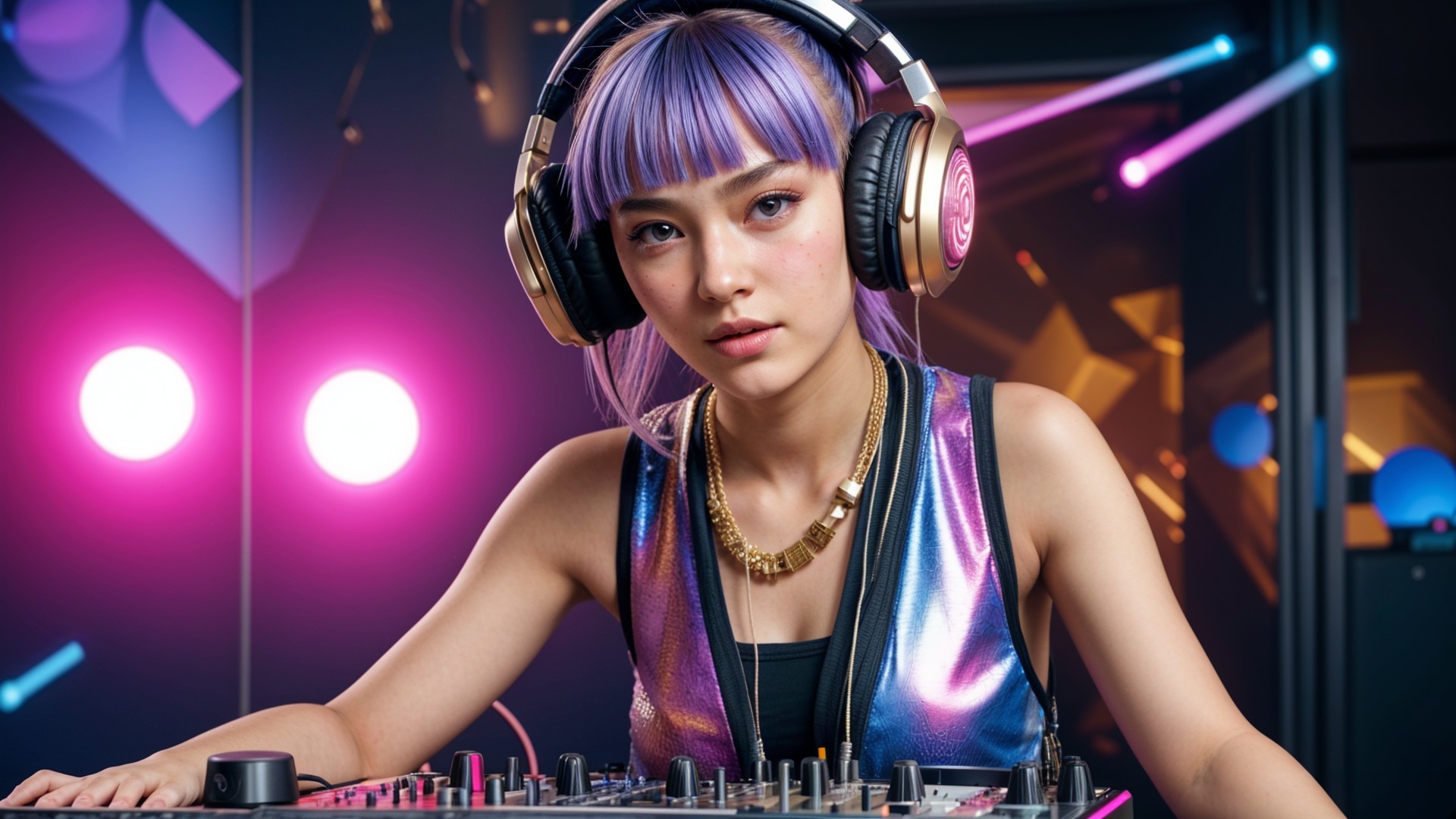 Young DJ with Purple Hair at Mixing Station