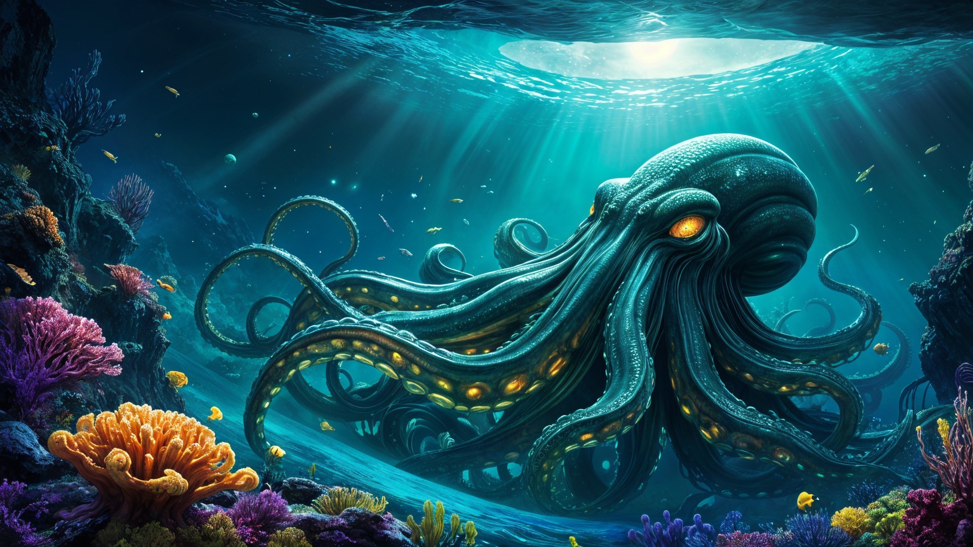 Majestic octopus in vibrant coral reef underwater scene