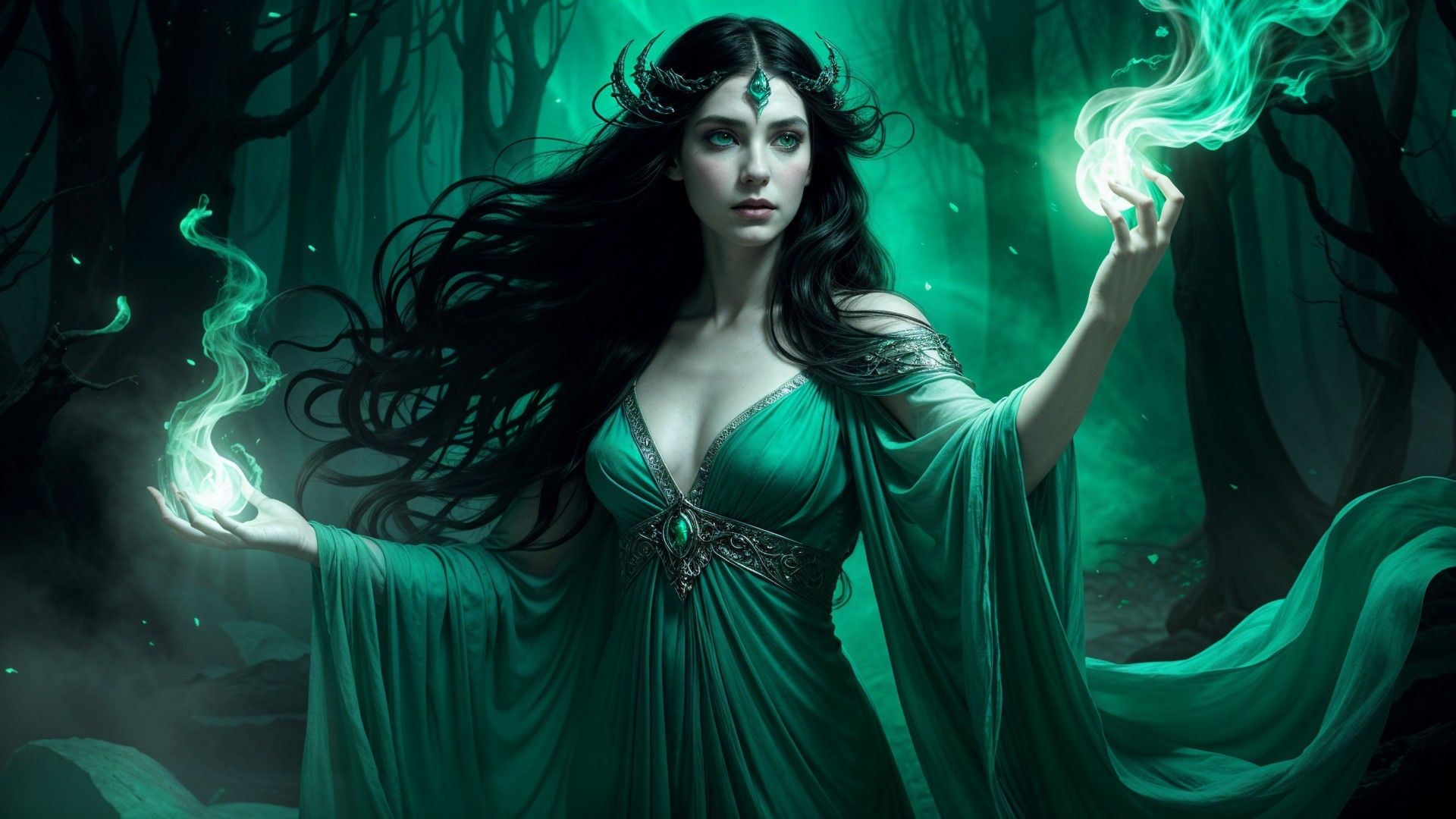 Sorceress in Enchanted Forest with Ethereal Orbs