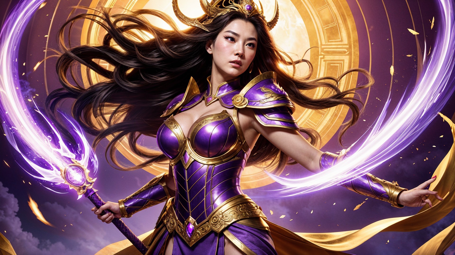 Warrior in Purple and Gold Armor with Glowing Staff