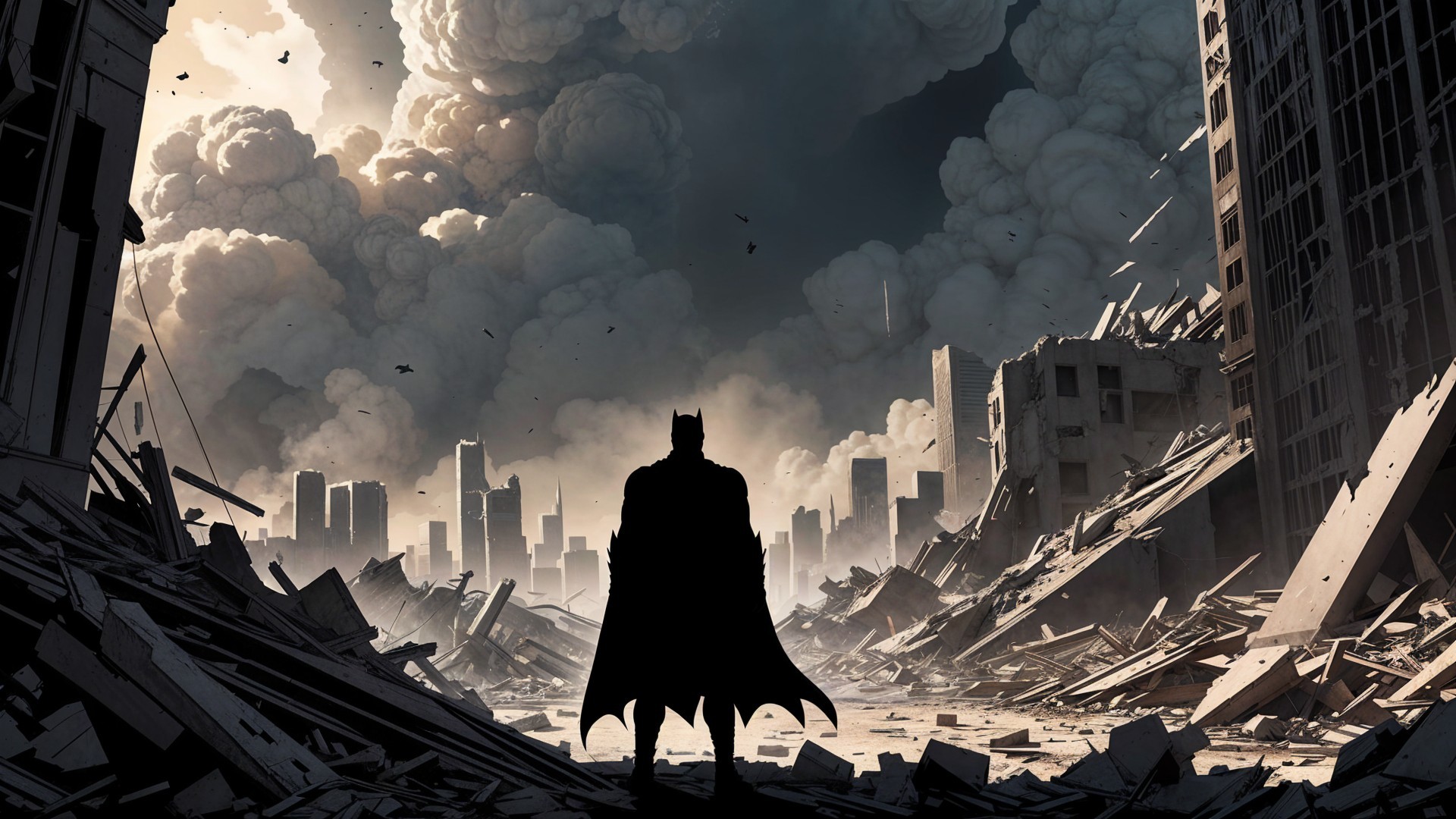 Solitary Figure in Devastated Urban Landscape