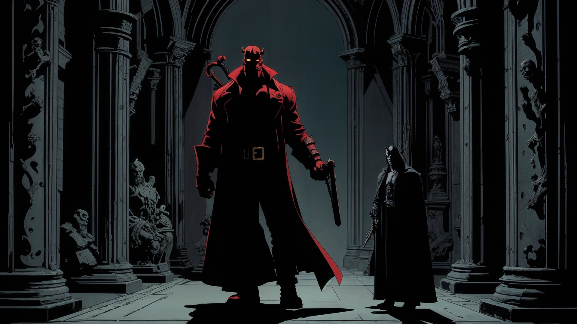 Gothic Scene with Two Iconic Characters and Architecture