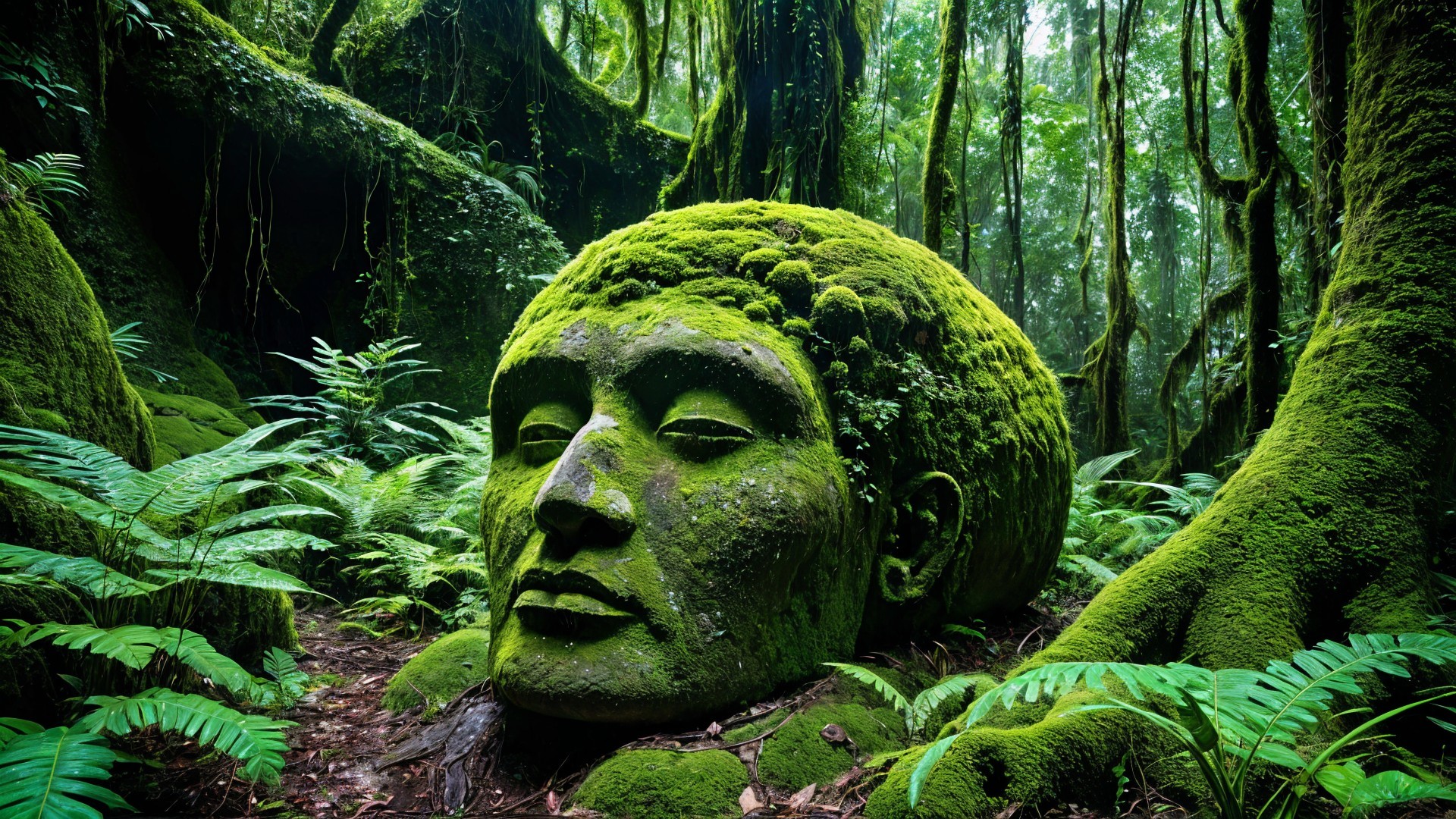 Ancient Stone Head Surrounded by Lush Forest Foliage