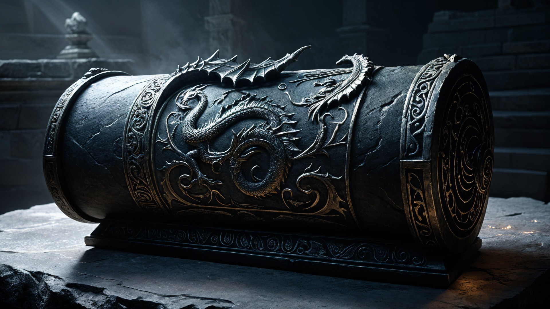 Intricately Carved Stone Chest with Dragon Motifs