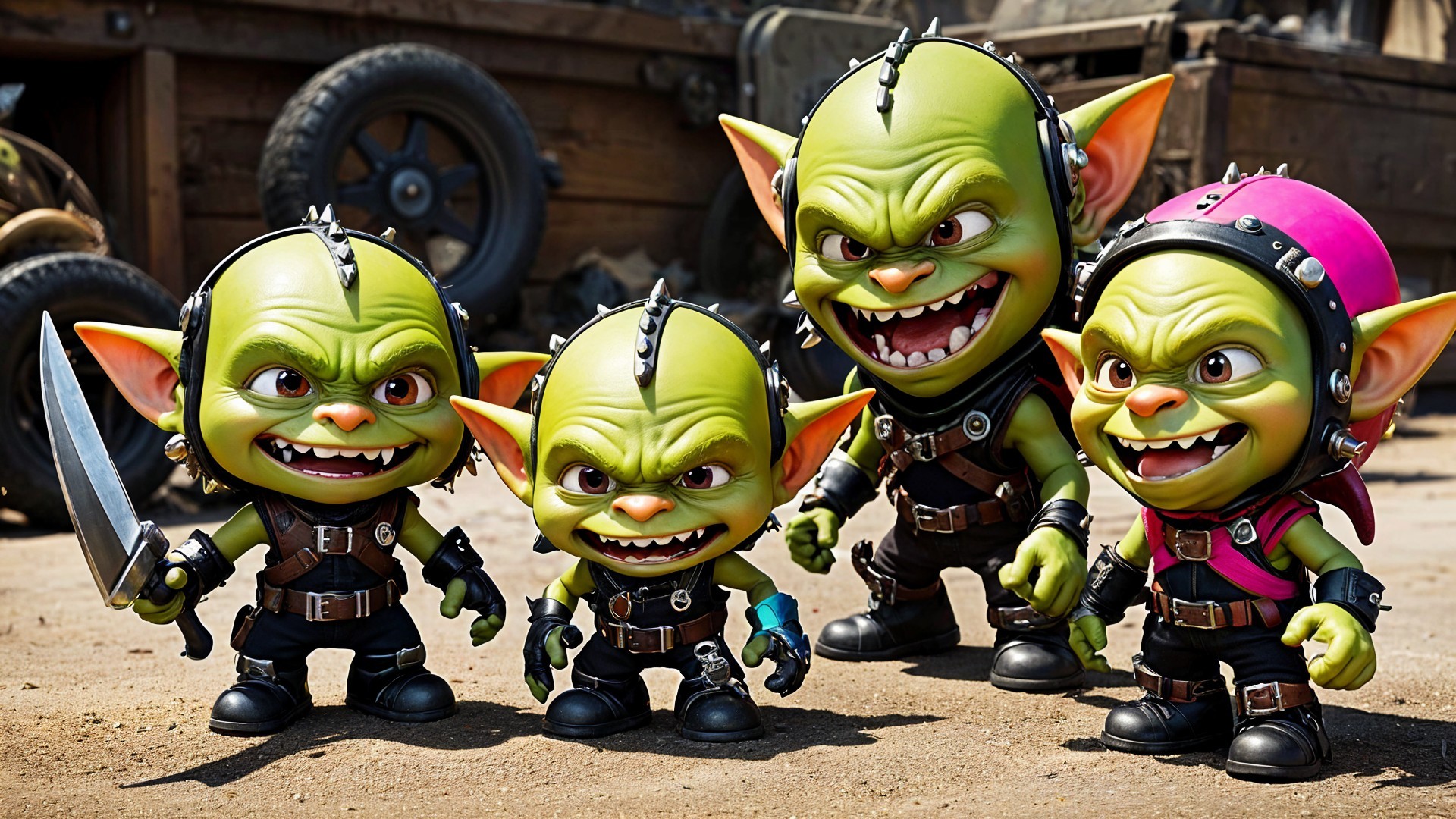 Cartoon Goblins with Quirky Accessories in Rustic Setting