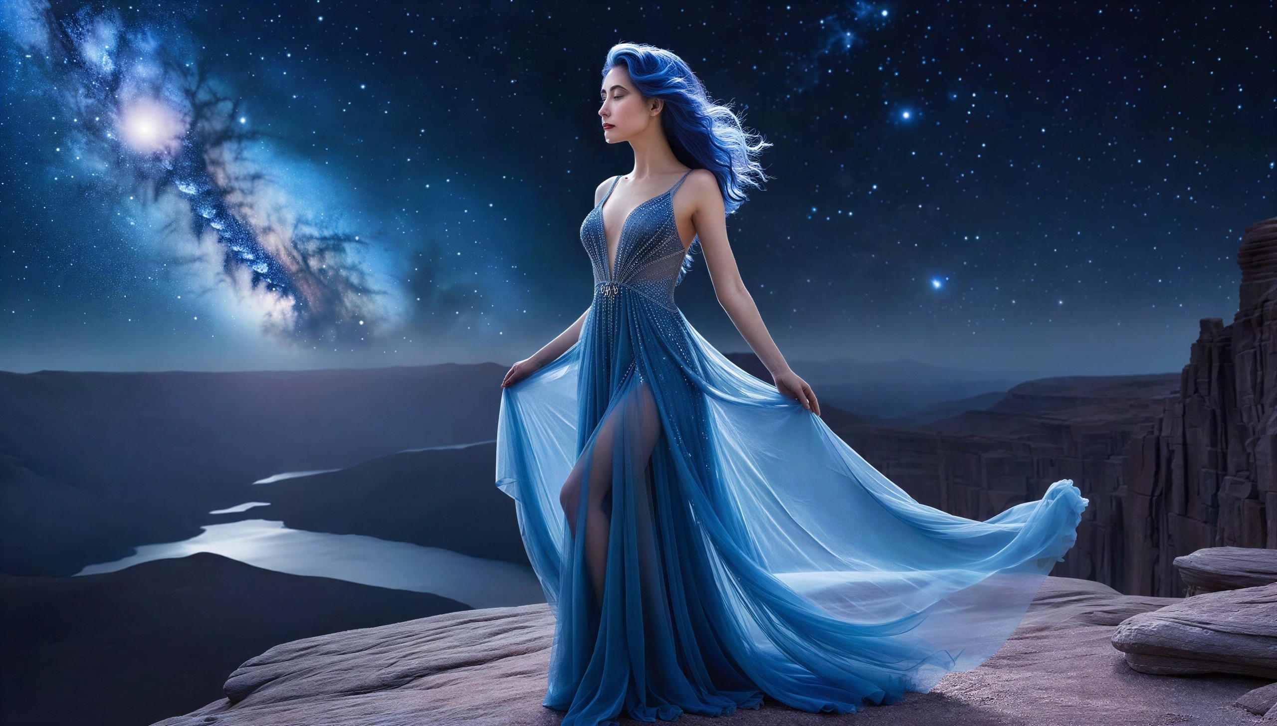 Goddess-like Woman in Ethereal Blue Dress on Cliff