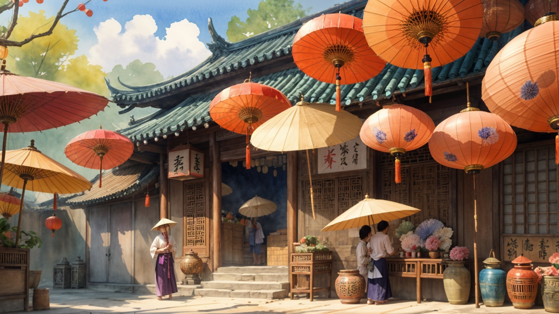 Traditional Marketplace with Lanterns and Flowers
