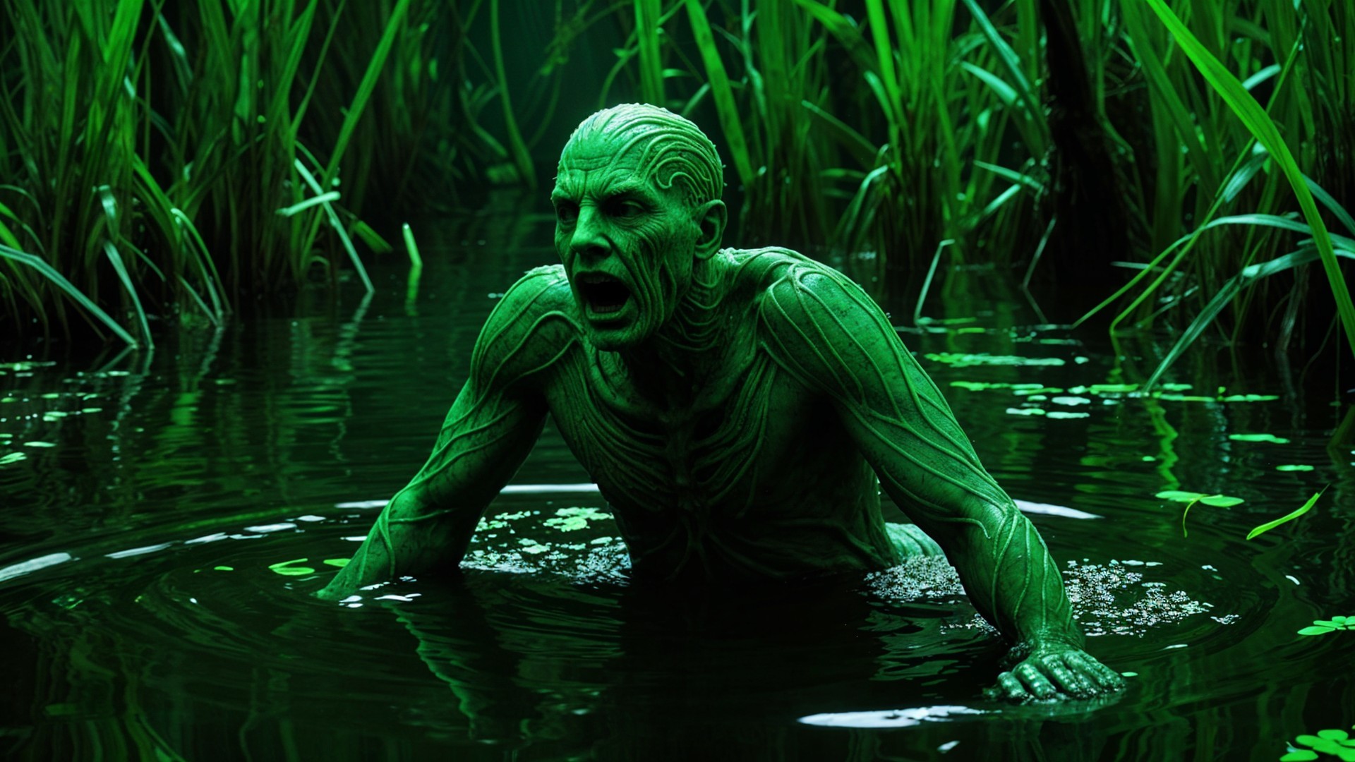Muscular Figure in Dark Green Swamp Environment