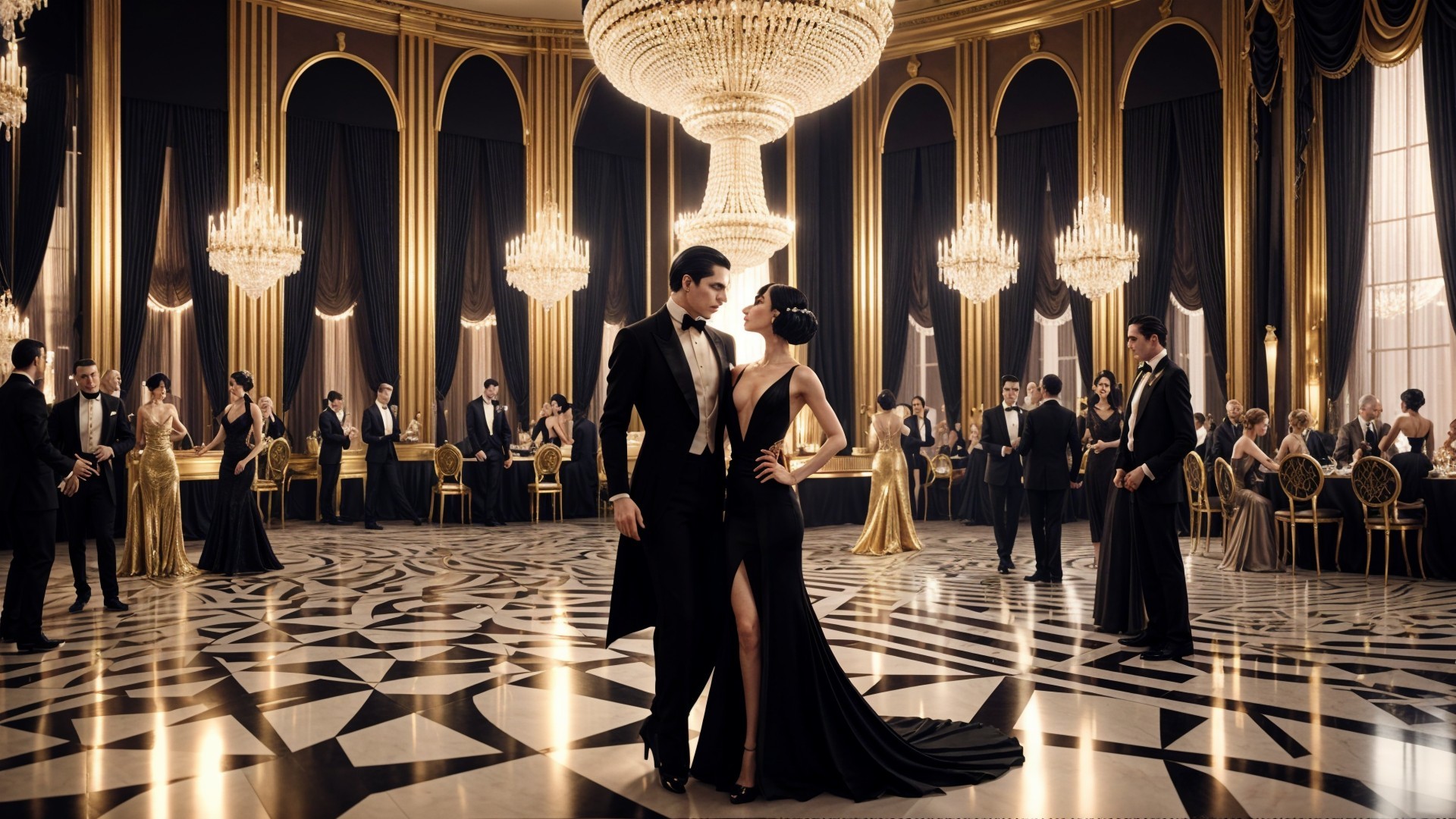 Elegant Ballroom with Dancing Couple and Opulent Decor