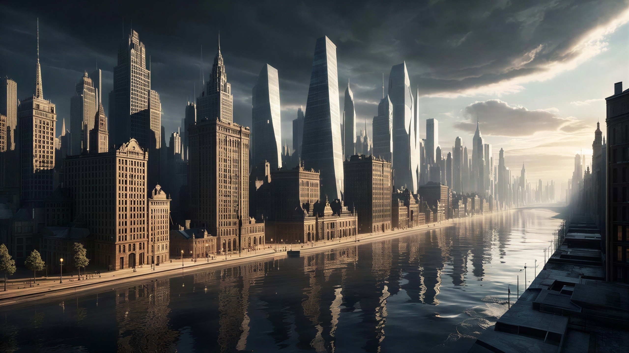Futuristic cityscape with river and diverse architecture