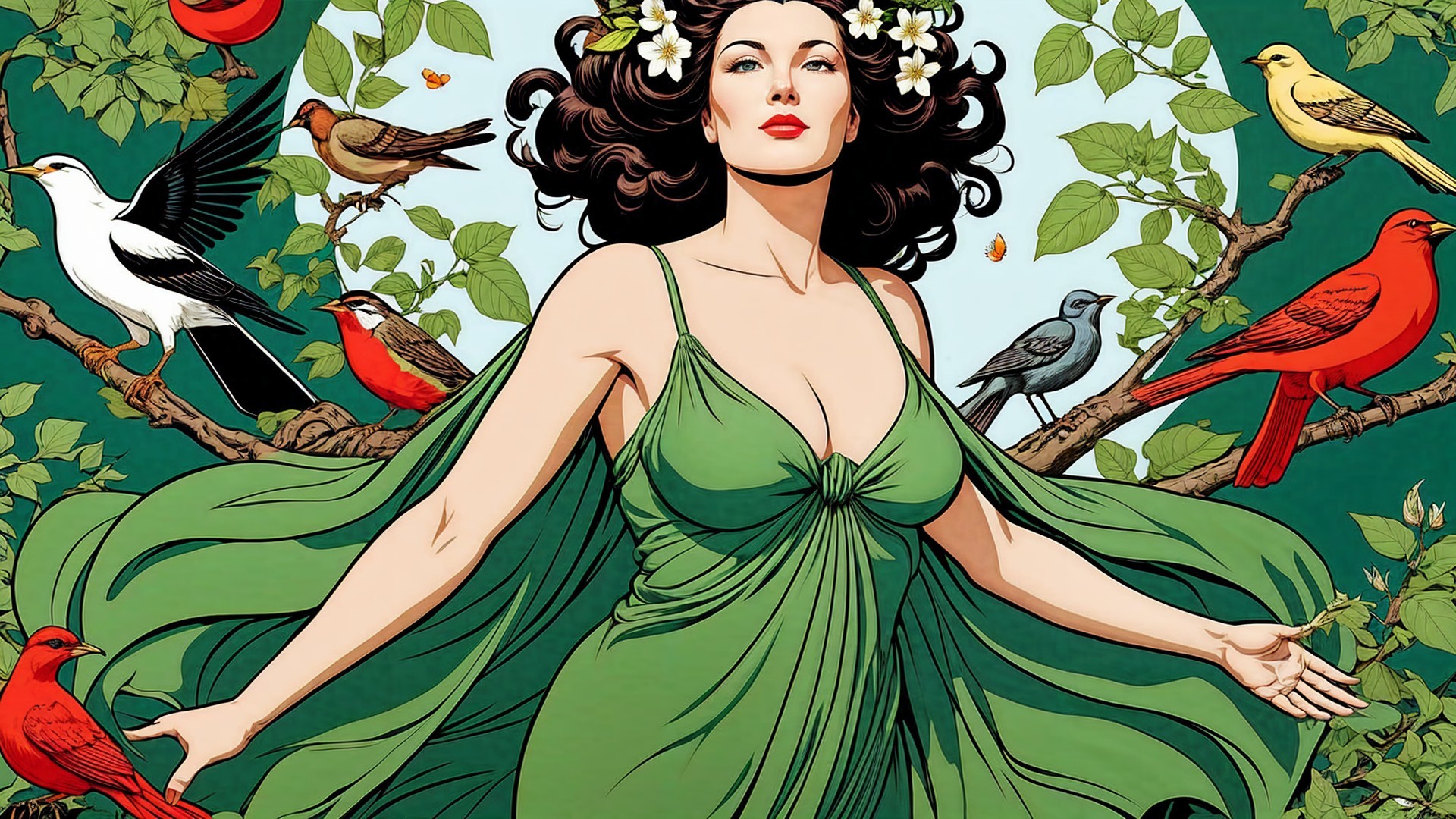 Woman in Green Gown Surrounded by Nature and Birds