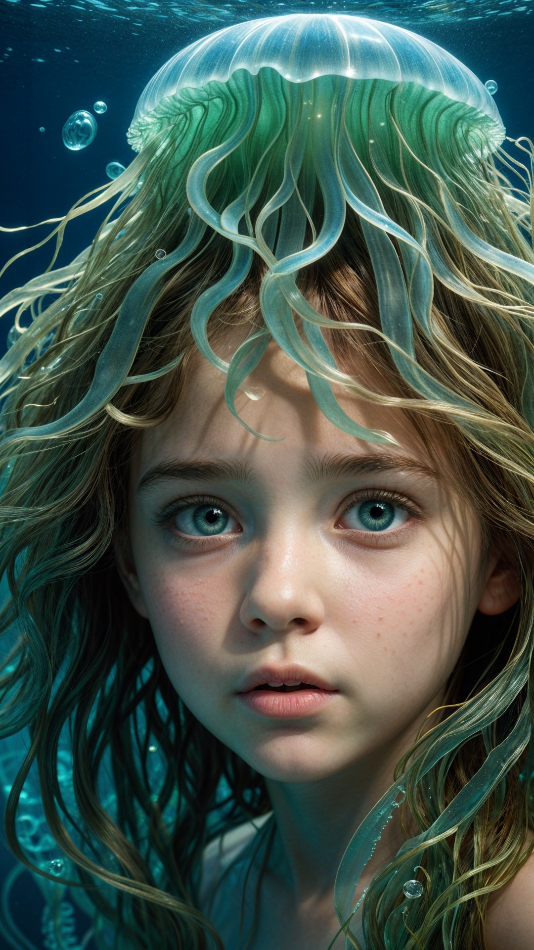 Young girl with jellyfish in ethereal underwater scene
