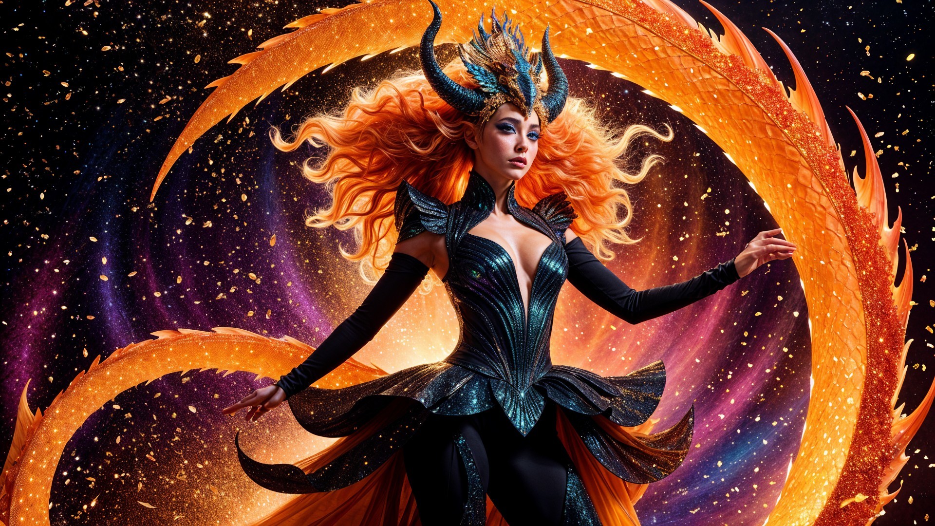 Fantasy Figure in Cosmic Colors with Dramatic Costume