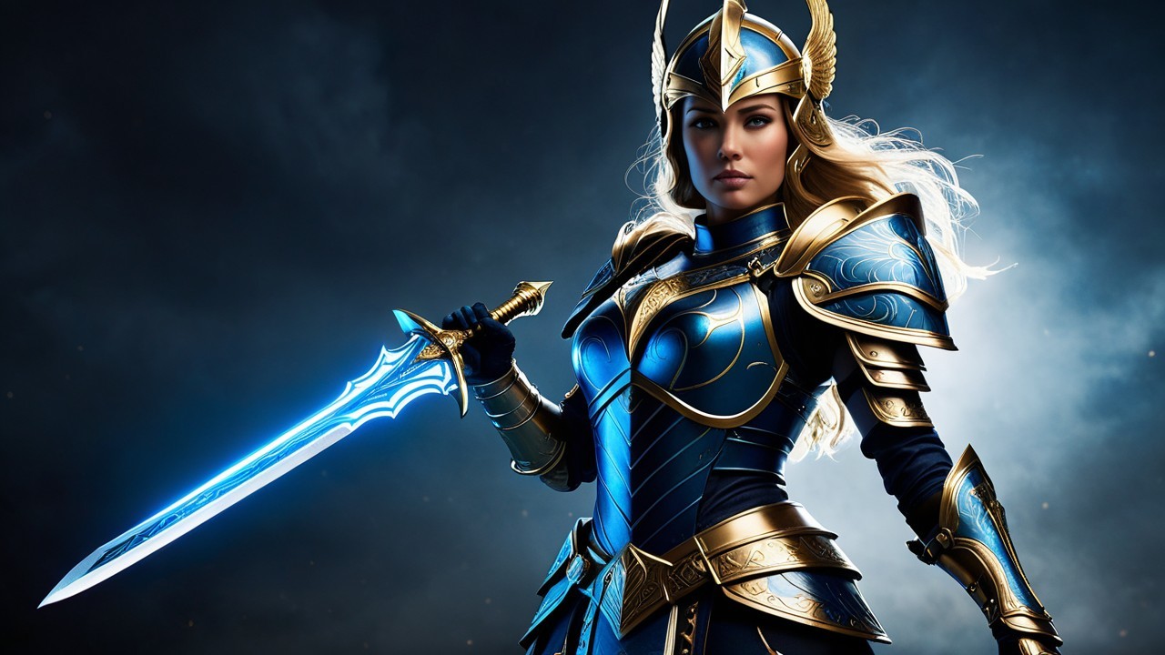 Young Female Warrior in Blue and Gold Armor