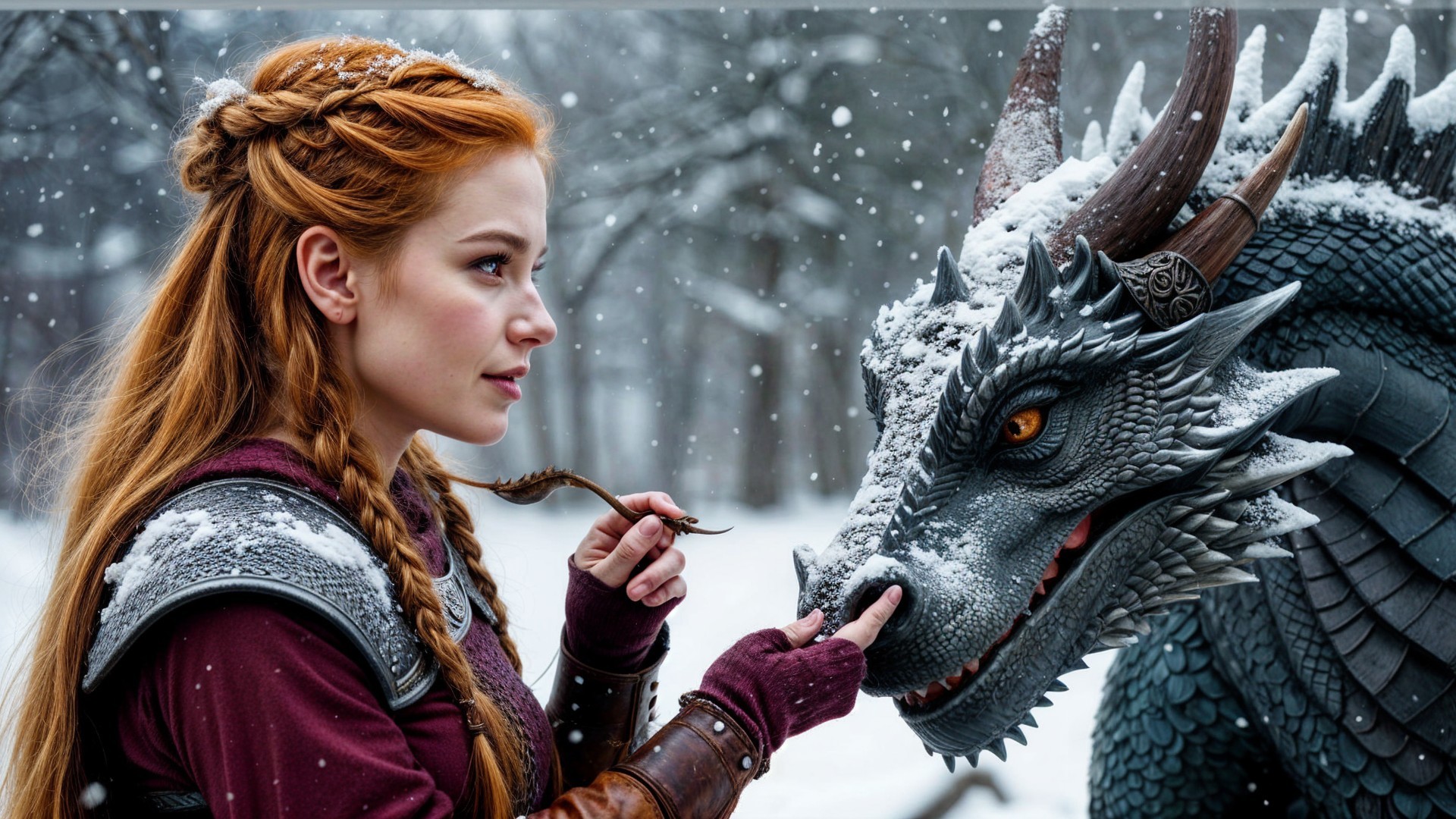 Young Woman and Dragon in Enchanted Winter Forest